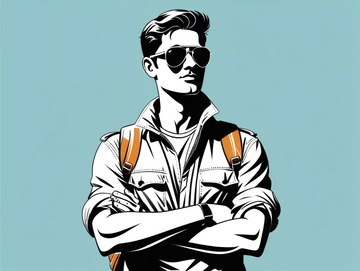 Simple vector image of a confident male tourist, illustrate a cool-looking tourist man - The man should be wearing aviator shades, Pose: Standing with arms crossed - Focus on clean lines and minimalistic details, ensure the image has a modern and stylish vibe, use a limited color palette for a sleek look