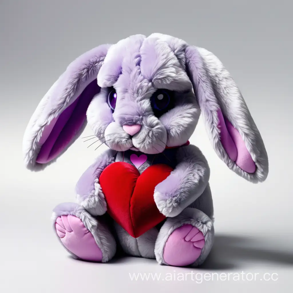 Грустный плюшевый вислоухий фиолетовый кролик держит в лапках серое сердечко