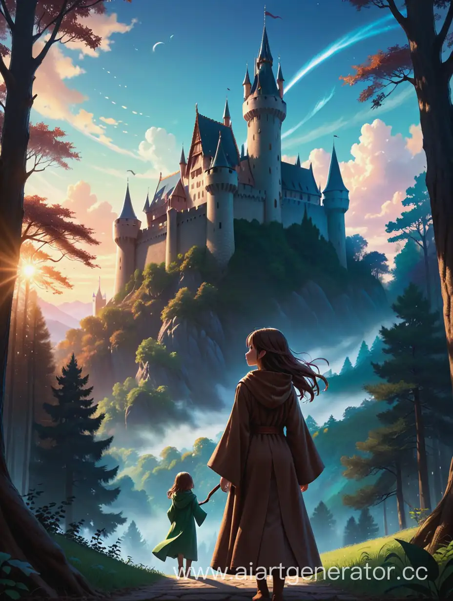 The castle is in the distance in the middle of the forest, with the silhouette of a dragon in the sky above it. Ahead is a brown-haired girl in whose hands the light of magic shines. She is wearing a robe and a hood partially conceals her face