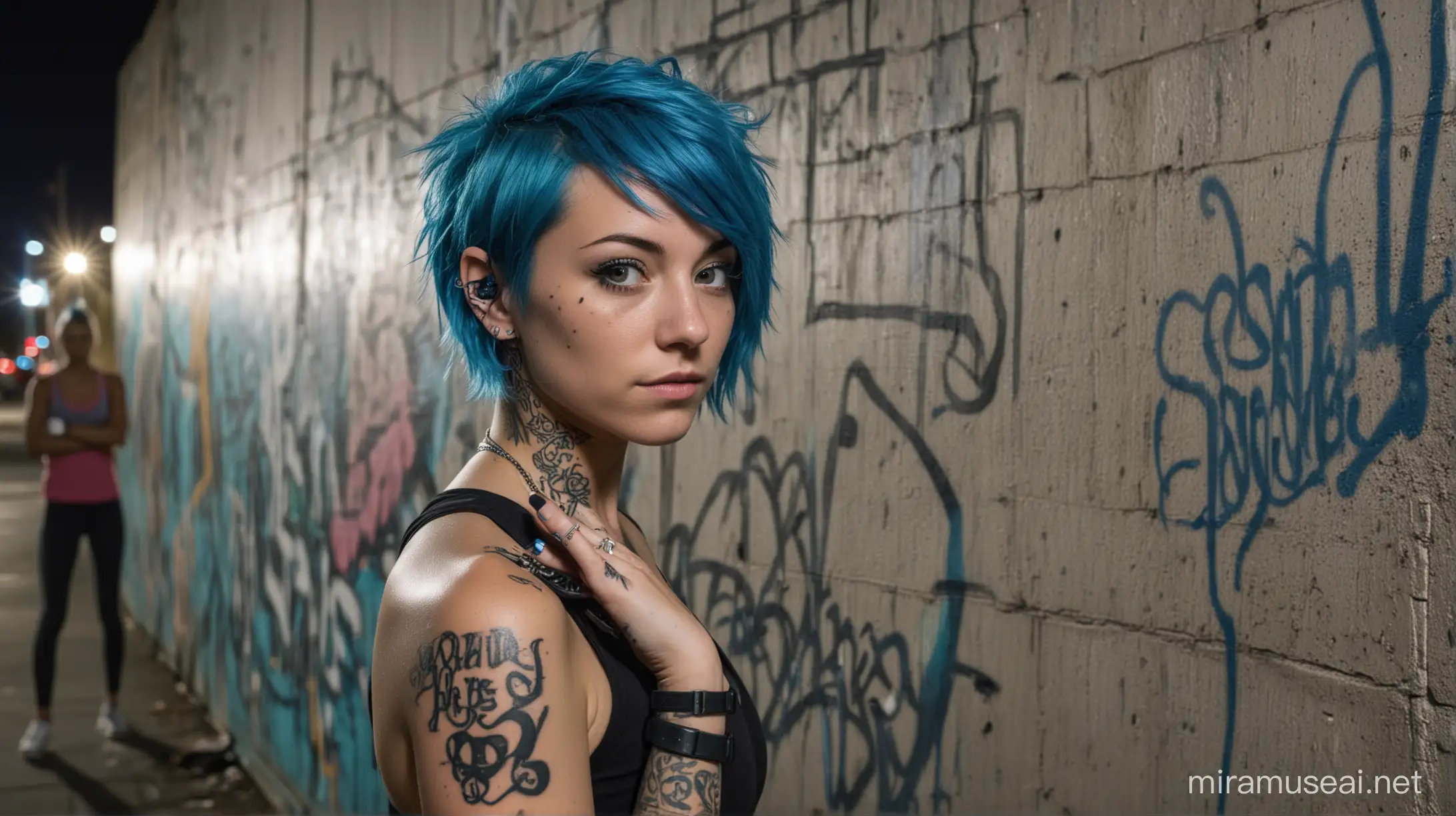 Grainy cctv cam footage of a woman with blue hair posing for a photograph dressed in sportswear. She has tattoos on her arms. She looks defiantly at the camera. Behind her you can see a wall full of graffiti. It is night and the light from the sidewalk lights illuminates the scene.