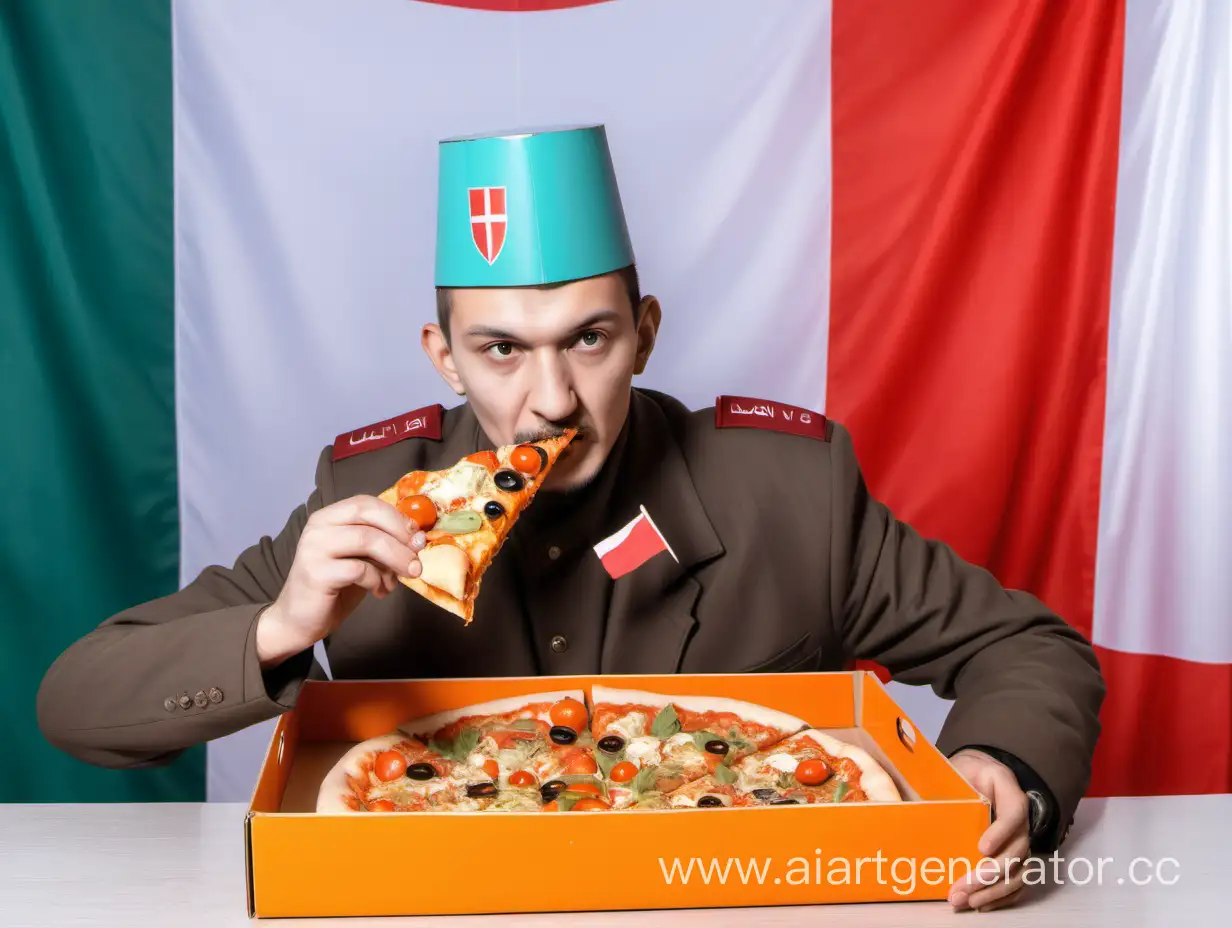 Татарин в тюбетейке в Польше на фоне польских флагов кушает пиццу из оранжевой коробки