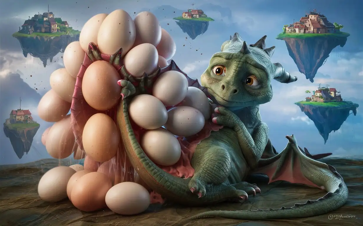 cute young dragon nesting and laying dragon egg largev dragon egg stuck in butt and she strains to push it out as more large eggs keep coming through in a floating sky island town, butt sideways head facing camera with eggs halfway out, all islands at different elevations, hd, fantasy lighting, night, nervous/embarrassed, suspenseful, realistic.