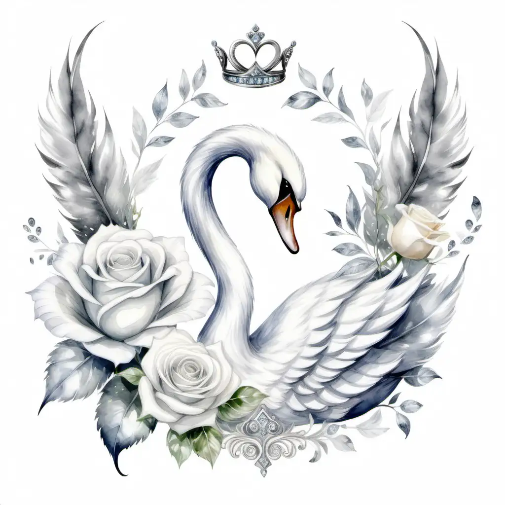 silver watercolor crest design with bright white roses with silver leaves on the left, a white feathery swan on the right,  wearing a silver tiara, letter B, incorporate a few diamonds, watercolor, light grey and white, isolated on a solid white background