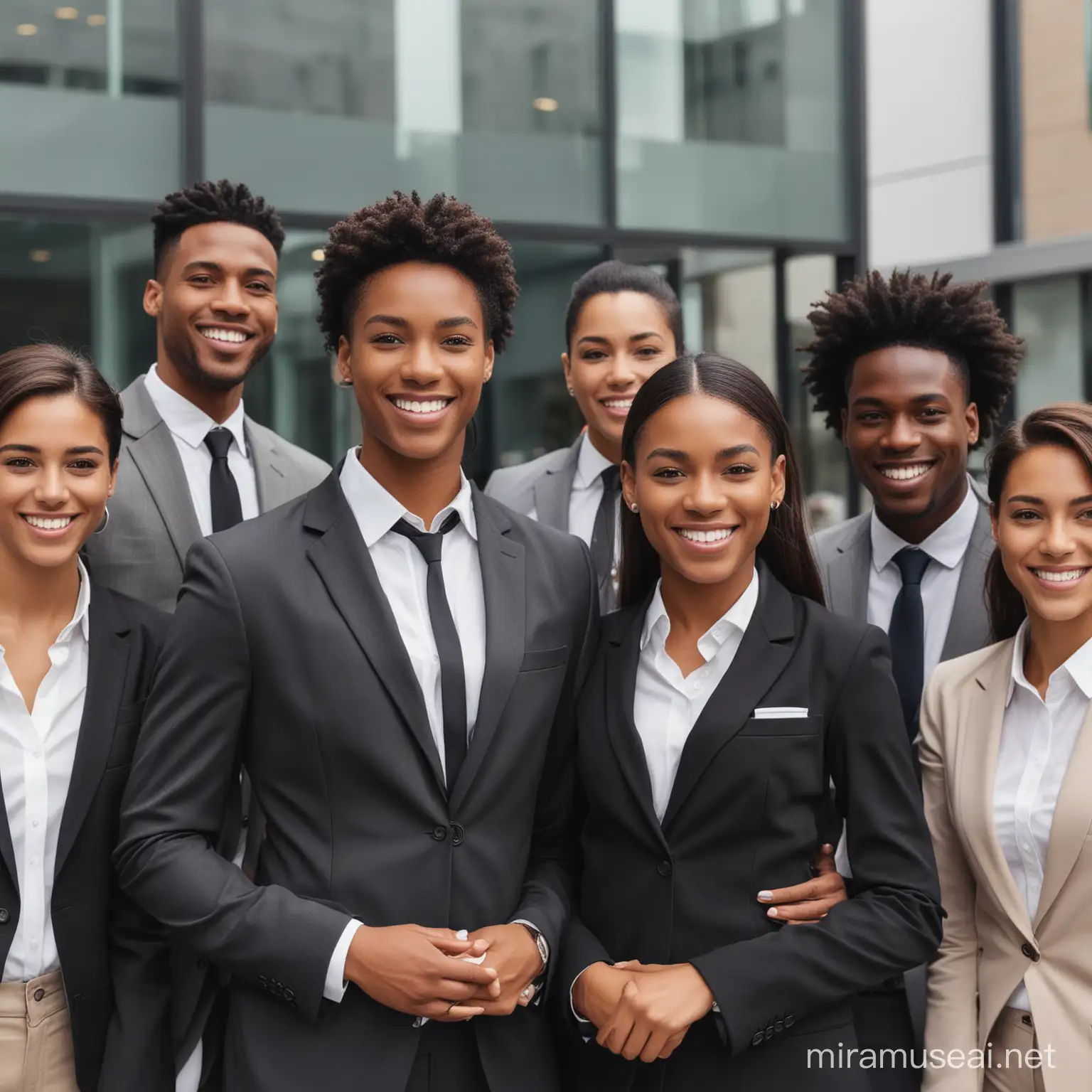 group of mixed gender of black employees smiling wearing suit Infront of the office