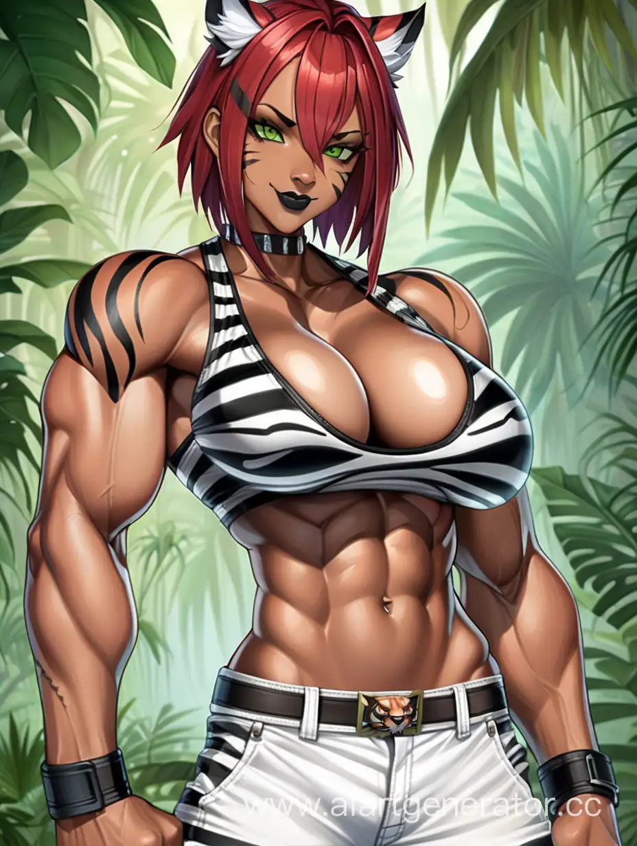 Seductive-Beastwoman-in-Jungle-Striking-Tiger-Ears-Scarlet-Red-Hair-and-Muscular-Physique