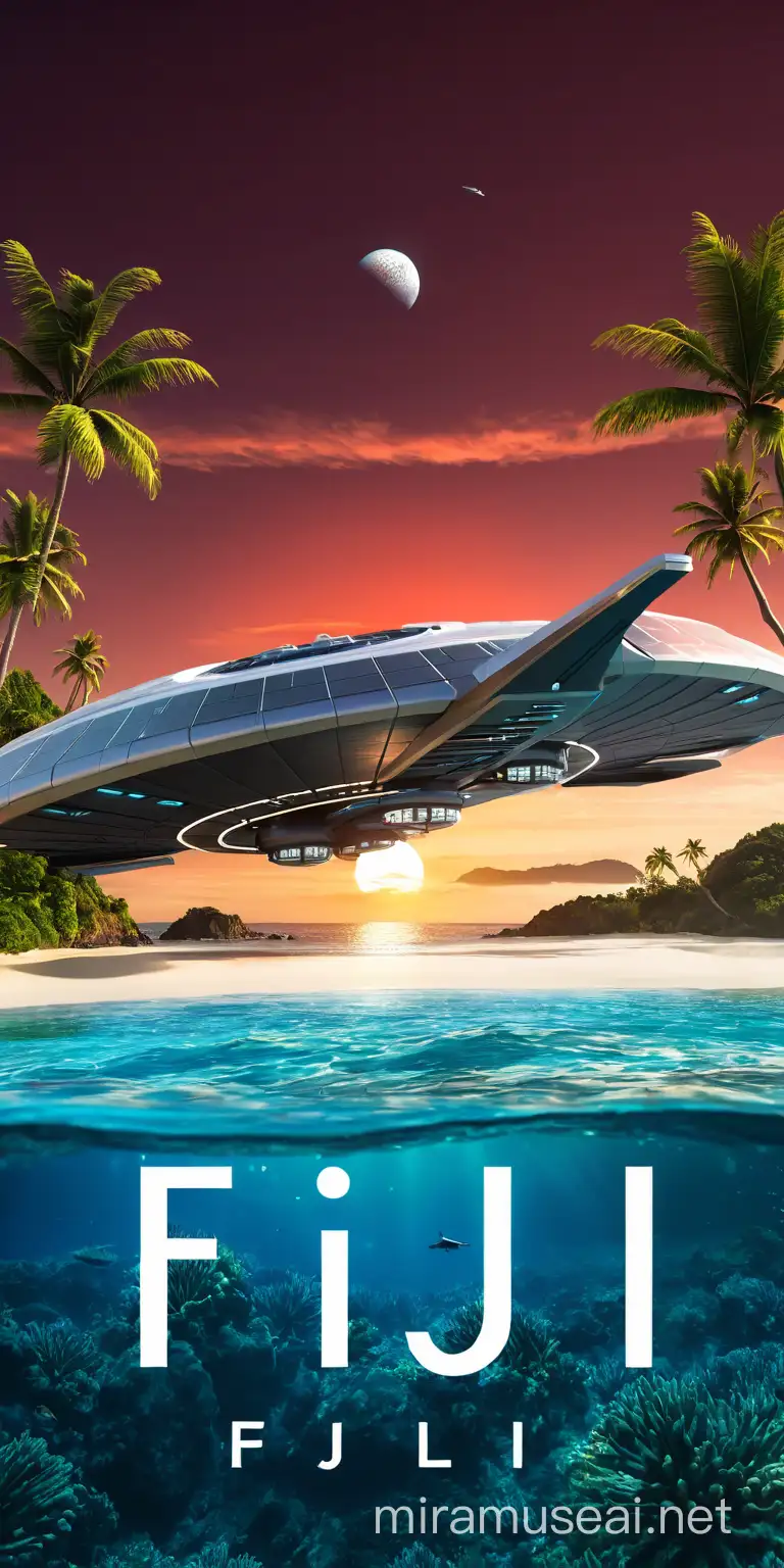 make image similar to this: It is a science fiction book and the idea is the view from an island, you can see a spaceship close in from the ocean. The book is not hard-core sci-fi, so I would like friendly light colours. "the spaceship comes from the ocean and glides slowly over an island." The island is one of the Fiji islands, so it has tropical surroundings.  maybe some palm trees and the withe sandy beach in front and a very big discus comes into view.  Maybe the sky has a reddish colour from the sunset, this would be a nice touch. 