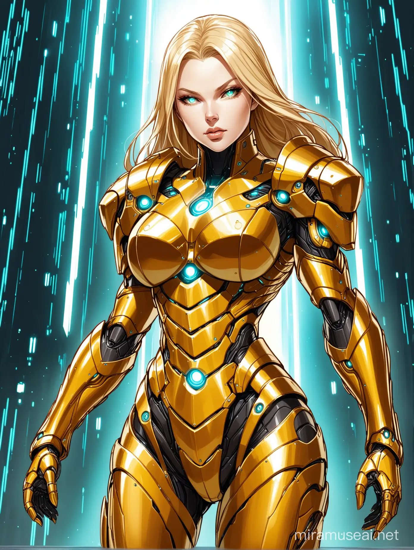 Young powerful muscle scandinavian  blond extrsterrestrial gynarchy  matriarch in futurustic  cybernetical golden armored suit,, ruled  with superhuman strength and advanced technology and strategic mind.