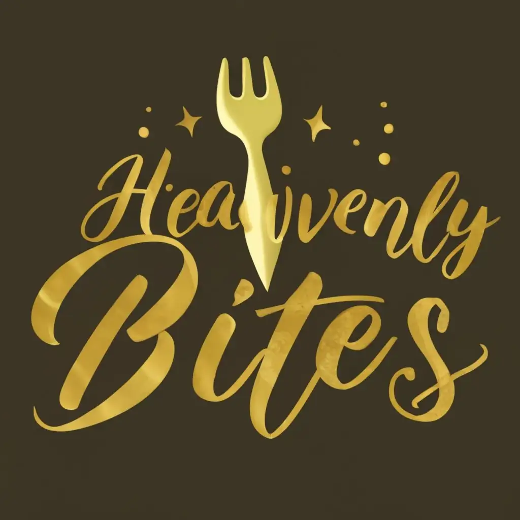 logo, a golden fork, with the text "Heavenly Bites", typography