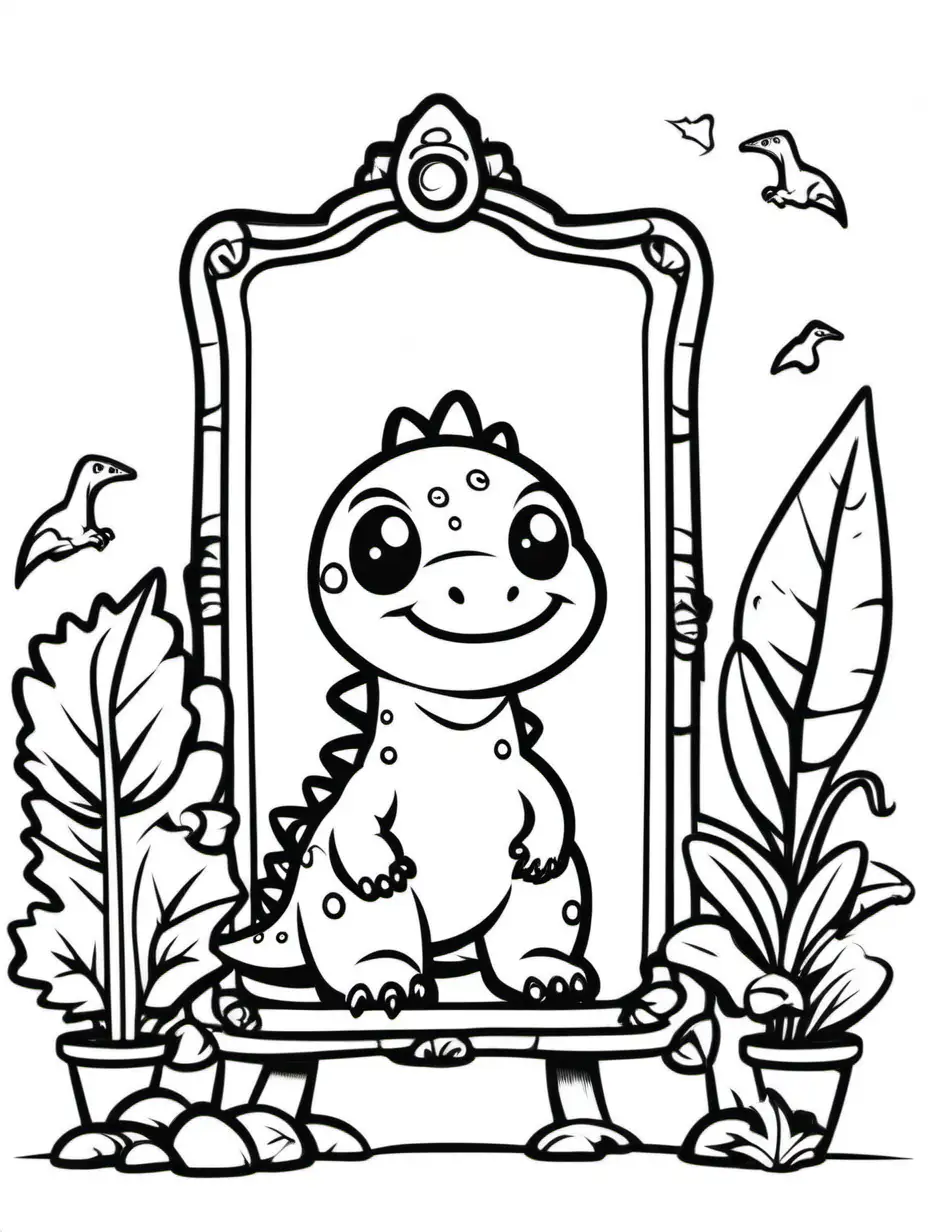 Cute Dinosaur with Mirror Black Outline on White Background