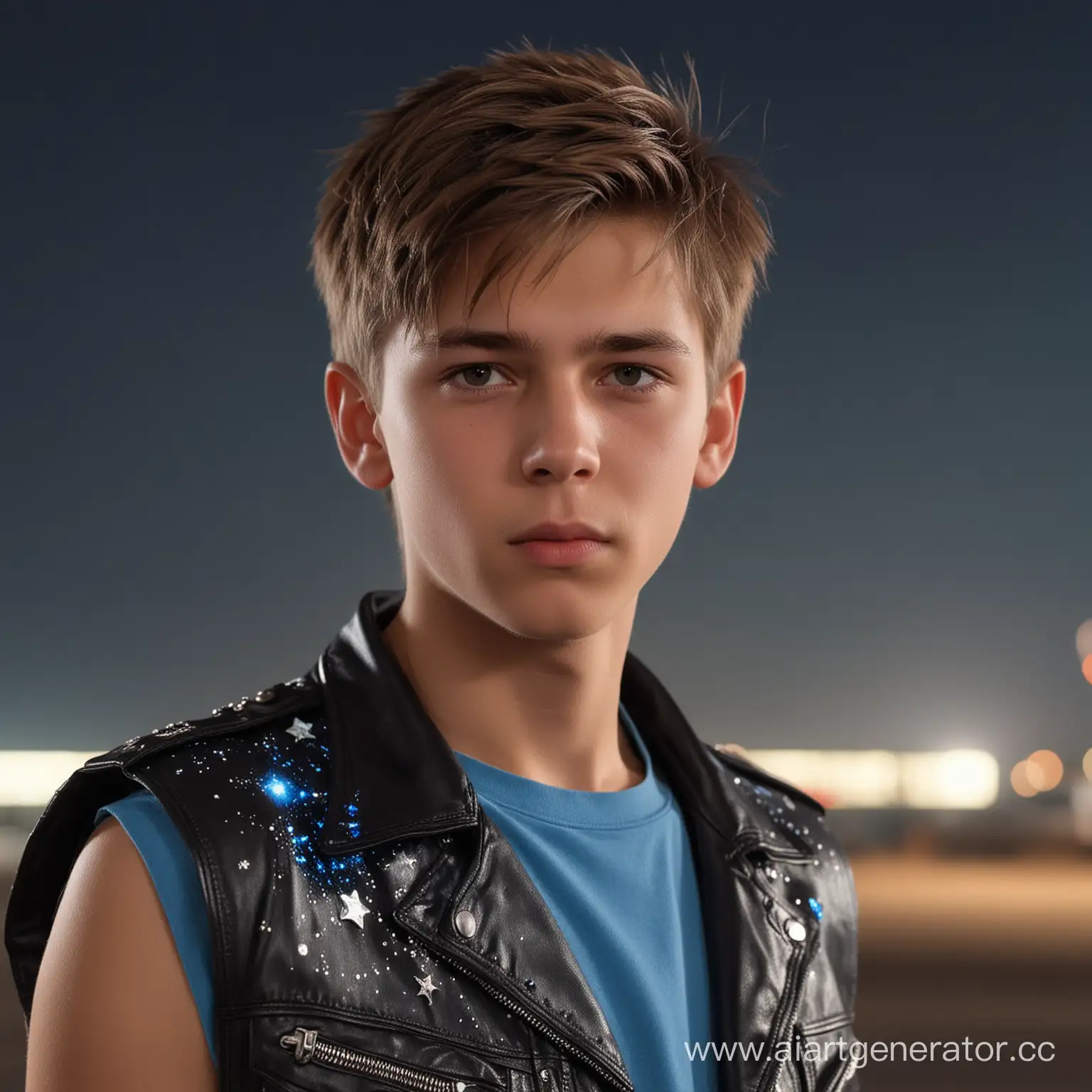 Russian boy 15 years old, very beautiful, Looking at the night sky, stars in the sky, July.
black leather sleeveless jacket, blue T-shirt, runway airport on the background of, 
masterpiece, best quality, highres, 
8k, ray tracing, 
intricate details, highly detailed, 
perfect face, russian face