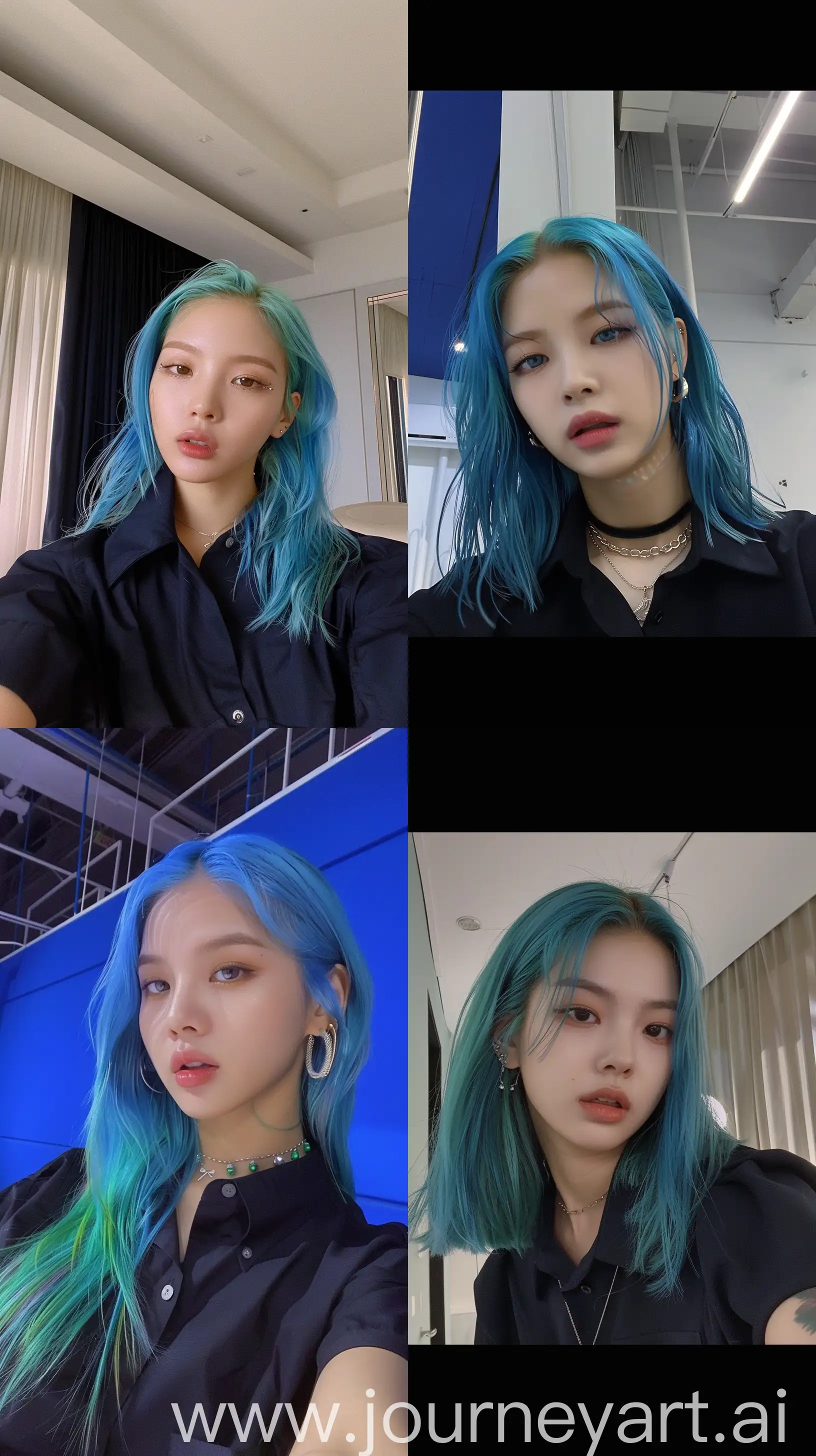 a selfie blackpink's jennie, blue wolfcut hair, wearing black shirt --ar 9:16 