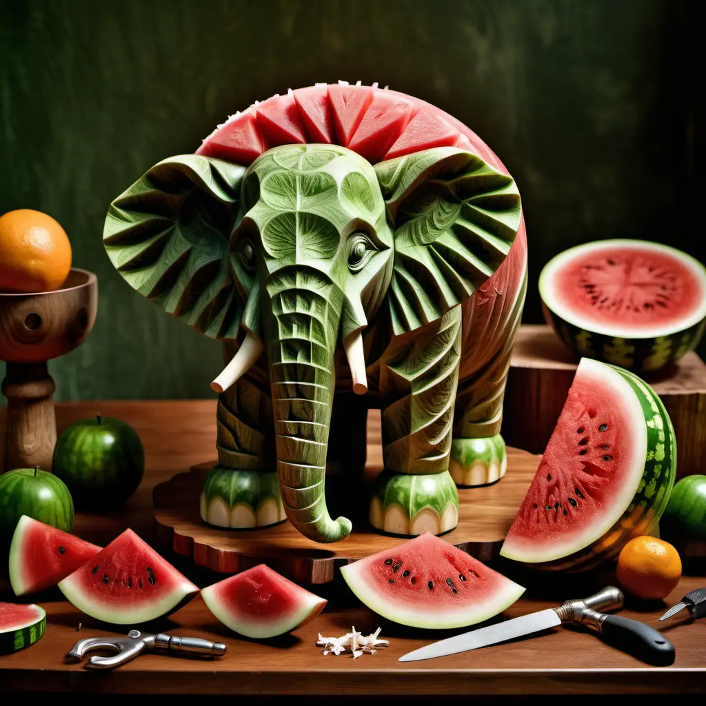 Watermelon carved into the likeness of an elephant, positioned at the center of a rustic wooden table, surrounded by fruit carving tools, shavings, rind pieces, contrasting green exterior, intricate details showcasing the texture of elephant skin, sunlit room with soft shadows, high resolution, close-up, still life photography, dramatic lighting