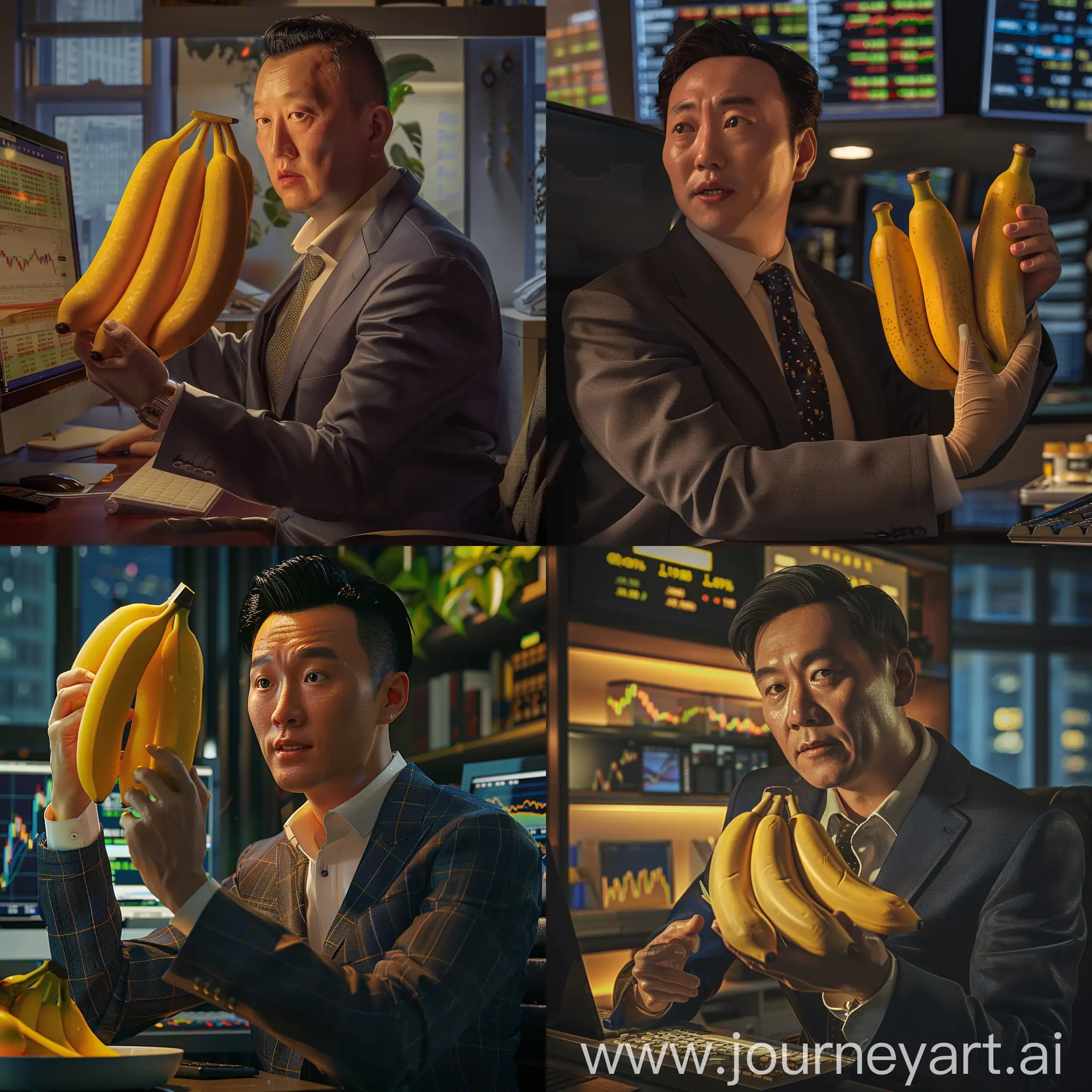 a professional asian businessman, in full suit,  holding three bananas with full confidence , sitting at the office in Central and looking at the stock market in front of a computer, photoreal, volumetric light, high detail