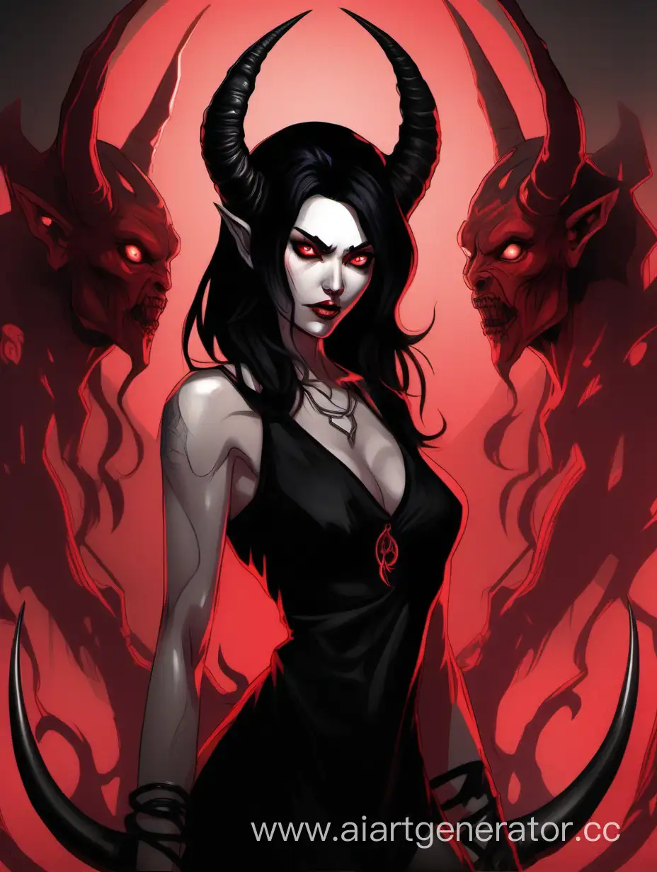An attractive female demon. With long sharp horns, a scar crossing the eye. Her skin is pale red in color. Her eyes are bright red. She has black hair. She is wearing a black tight dress.