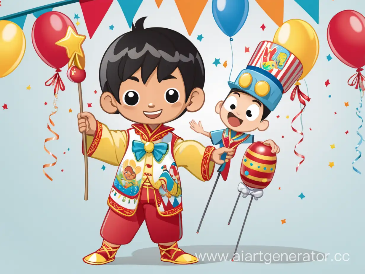 Мальчик азиатской внешности в карнавальном костюме в руке аксессуар для праздника в стиле мультика в полный рост