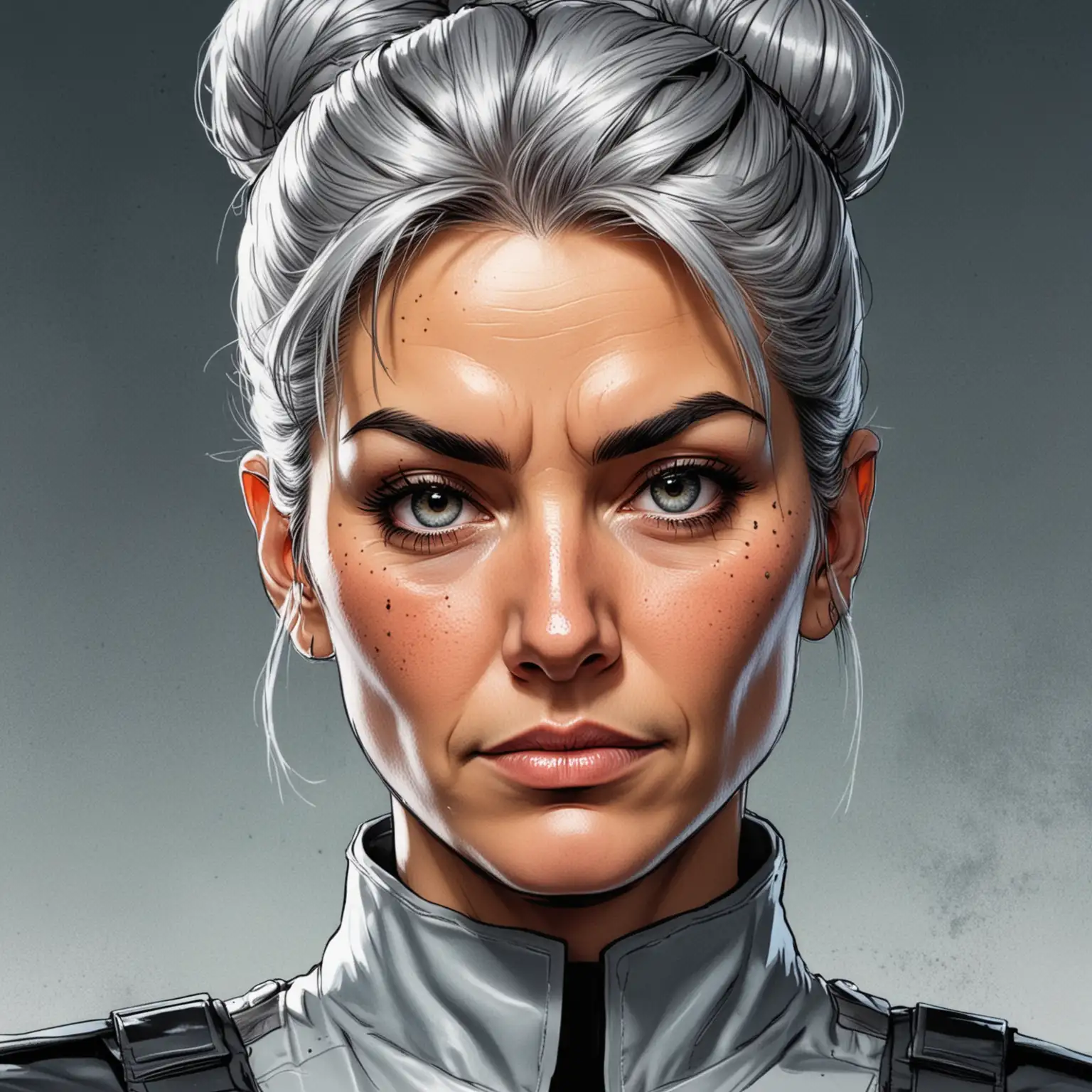 comic book inked color art style; close up portrait; middle aged woman with grey hair in bun; slight wrinkles; futuristic security uniform; stern ; scar over eye