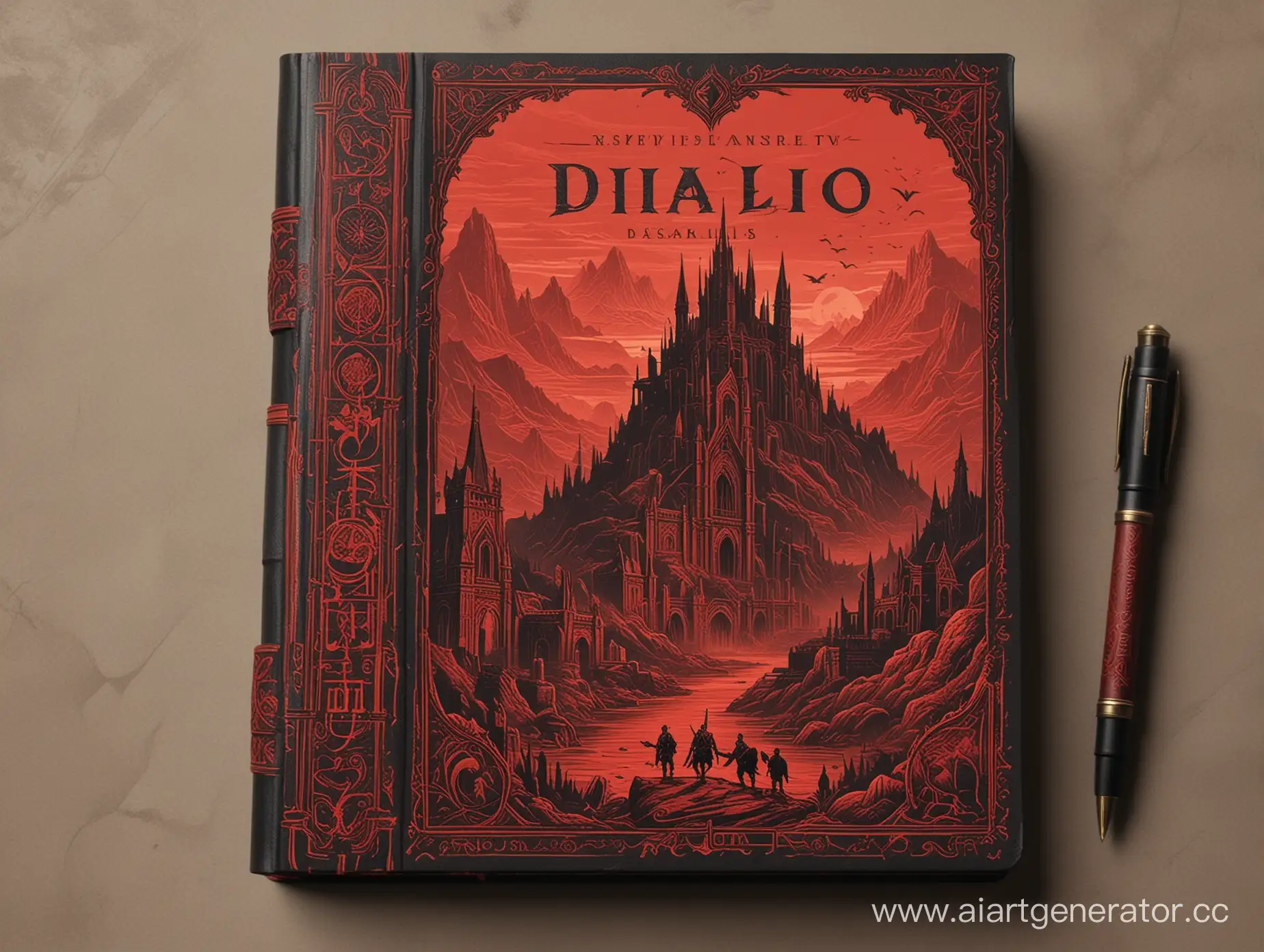 Обложка книги для путешествий в красных и чёрных тонах, с достопримечательностями, в стиле DIABLO IV