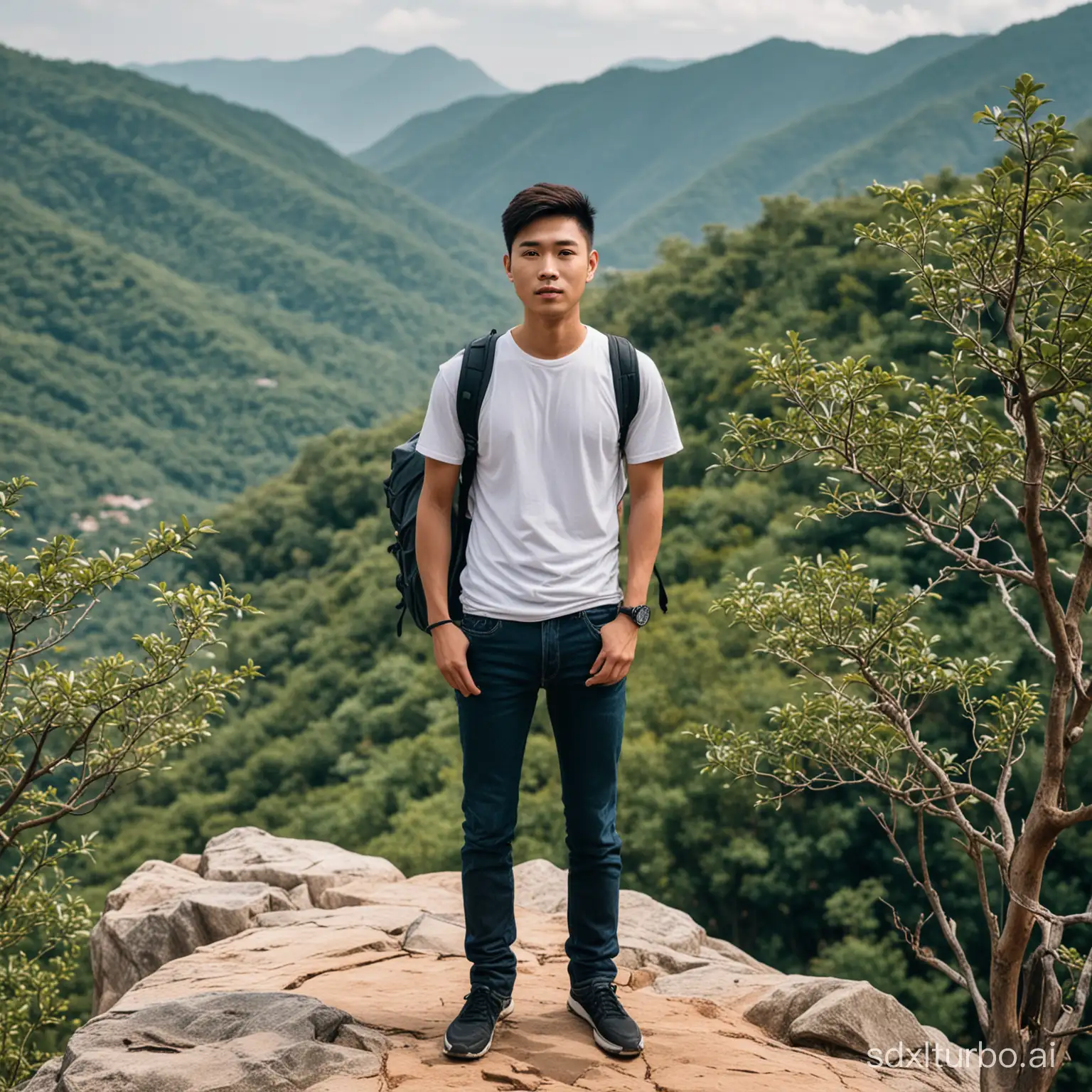 A 25 year old Asian young man, standing on a mountain hill, wearing a T-shirt, jeans, backpack, high cliff, lots of trees