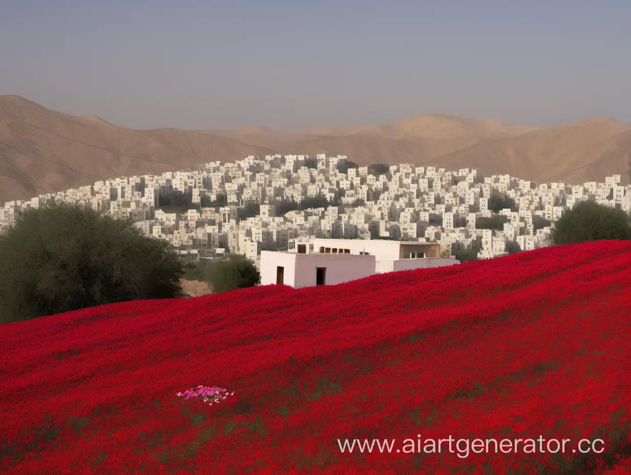 Hills, red flowers, strange arabic building in far