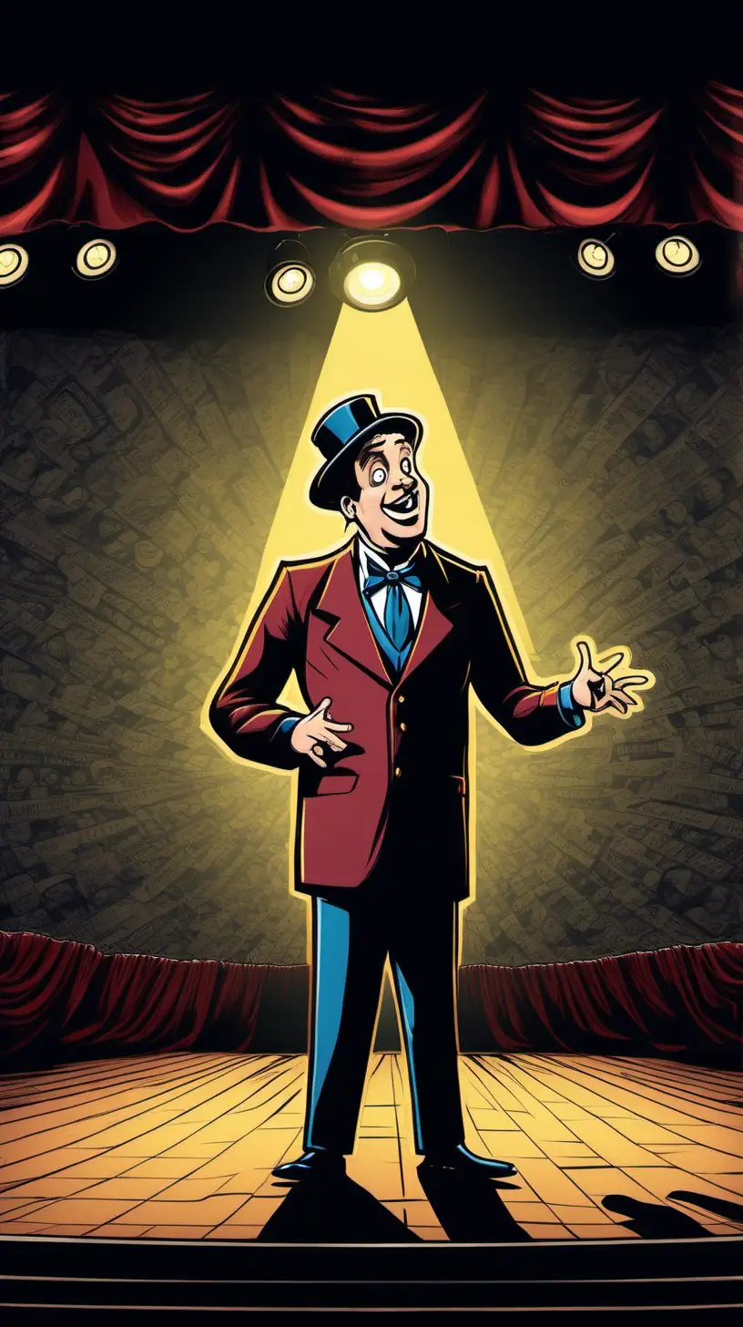 Colorful Cartoon Comedian Performing on Vintage Stage