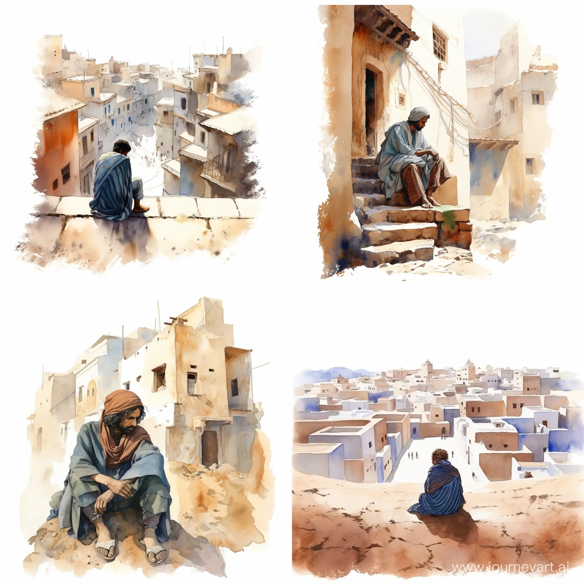 Solitude-in-the-Desert-City-Lonely-Man-Contemplating-Life-with-Watercolor-Elegance