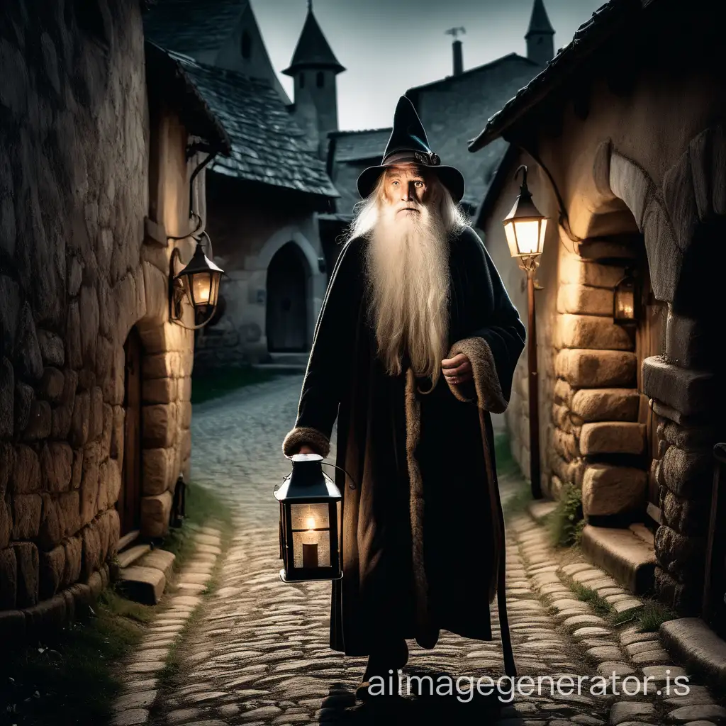 a tall old man, long white beard, wearing a hat, walking in an alley of a medieval village holding an old lantern. disturbing look, dark and disturbing image