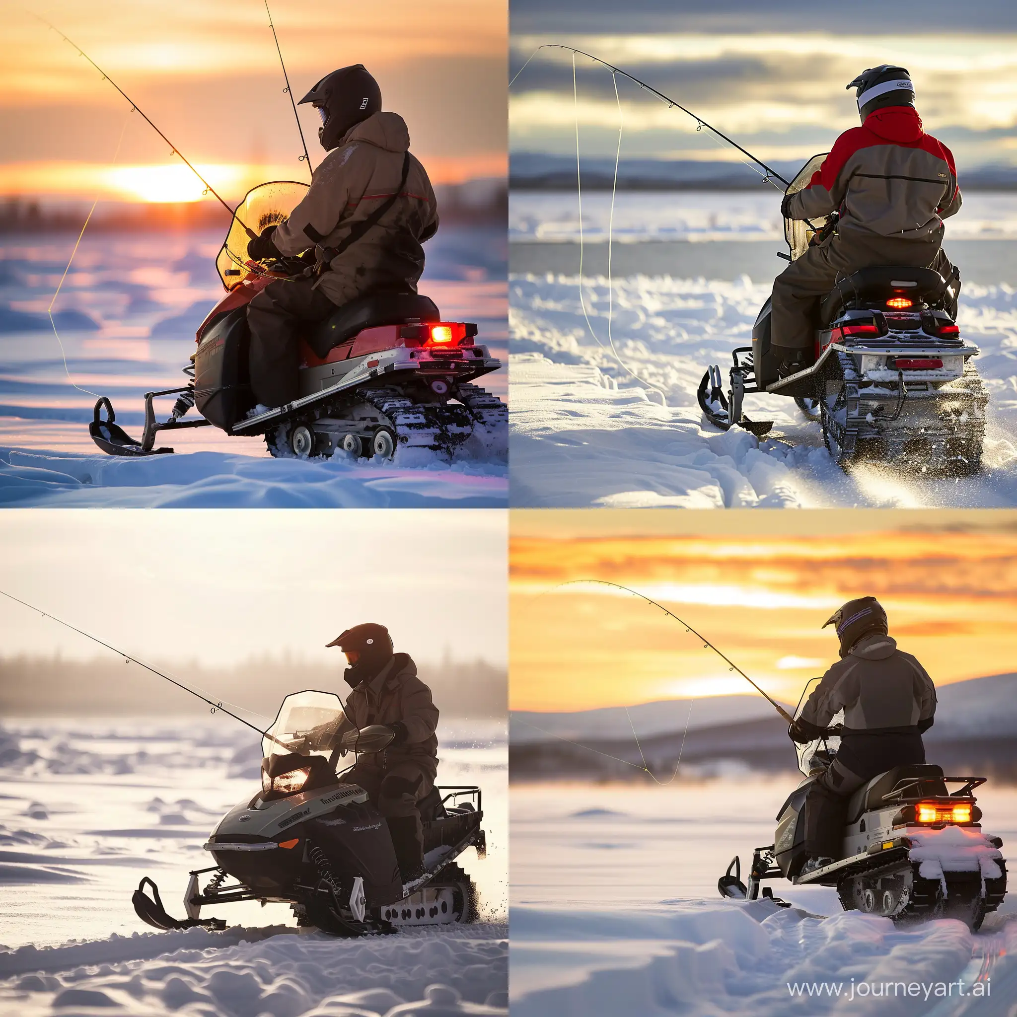 Winter-Fishing-on-a-Snowmobile-Serene-Scene-of-Angling-Amidst-Snowy-Landscape