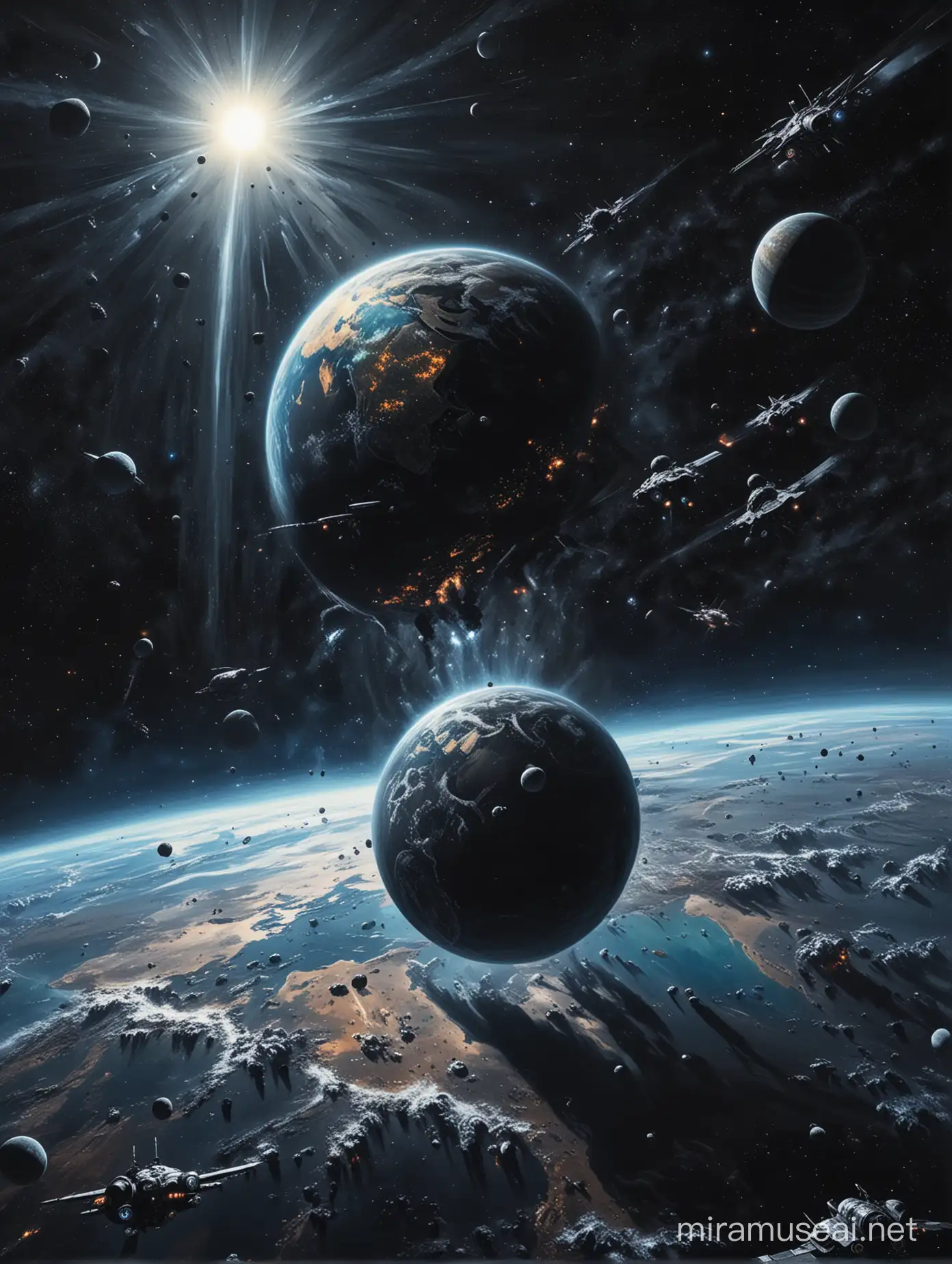Highly detailed painting, wide view of The Earth in black empty space, numerous small spaceships are approaching, space is otherwise empty, avoid misshapen planets, high quality