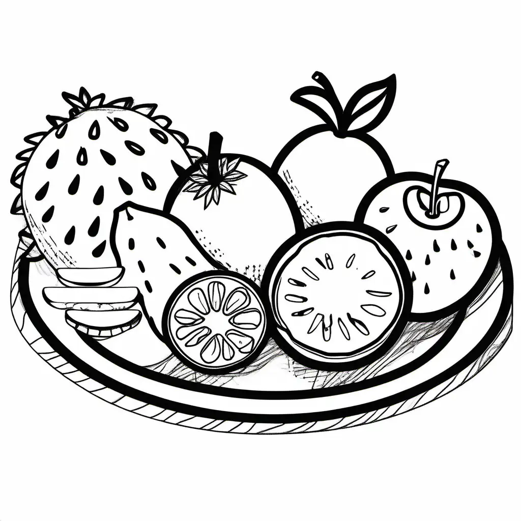 Create a bold and clean line drawing  a Fruit platter.  without any background  , Coloring Page, black and white, line art, white background, Simplicity, Ample White Space. The background of the coloring page is plain white to make it easy for young children to color within the lines. The outlines of all the subjects are easy to distinguish, making it simple for kids to color without too much difficulty