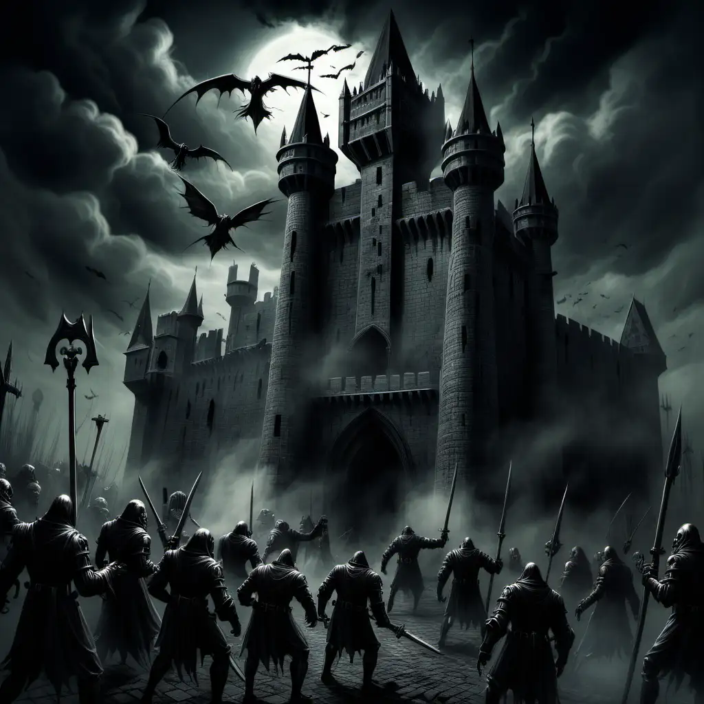 Gothic Monsters Besieging Fortress in an Eerie Scene