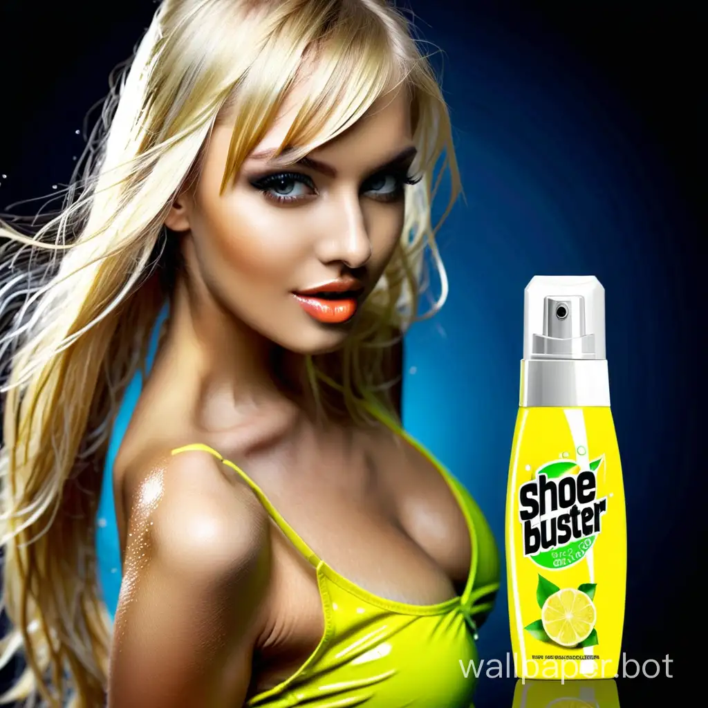 Beautiful and sexy Blonde advertises a spray 100 ml. for shoe odor, The product's name is TRASH BUSTER Turbo Limon,