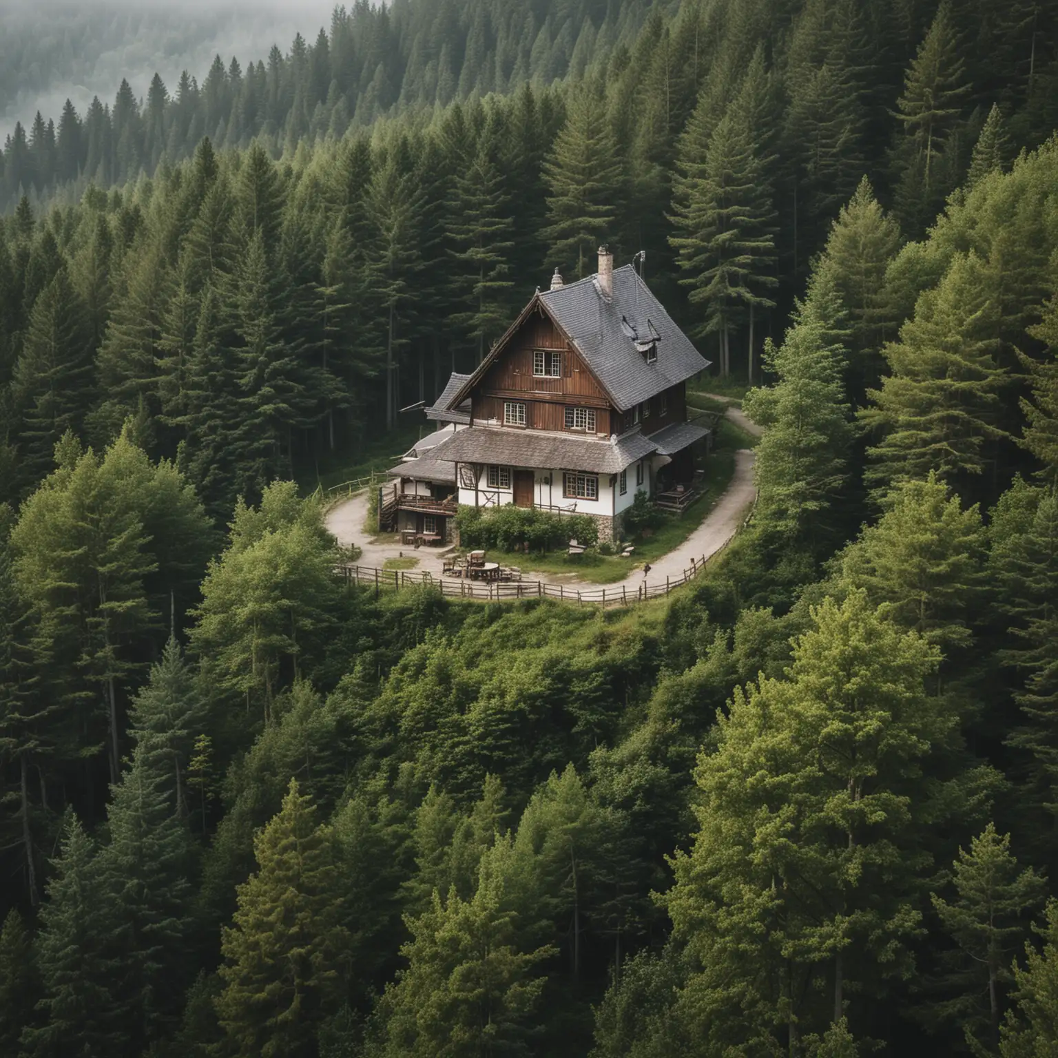 A isolated inn surrounded by forest 