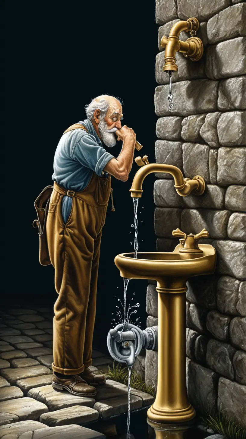 En stor gamal guldvattenkran droppar vatten, vid kranen står en gammal gubbe och dricker vattnet, vattenkranen är monterad på en gammal stenväg, mycket detaljrik bild i färg, bakgrund svart