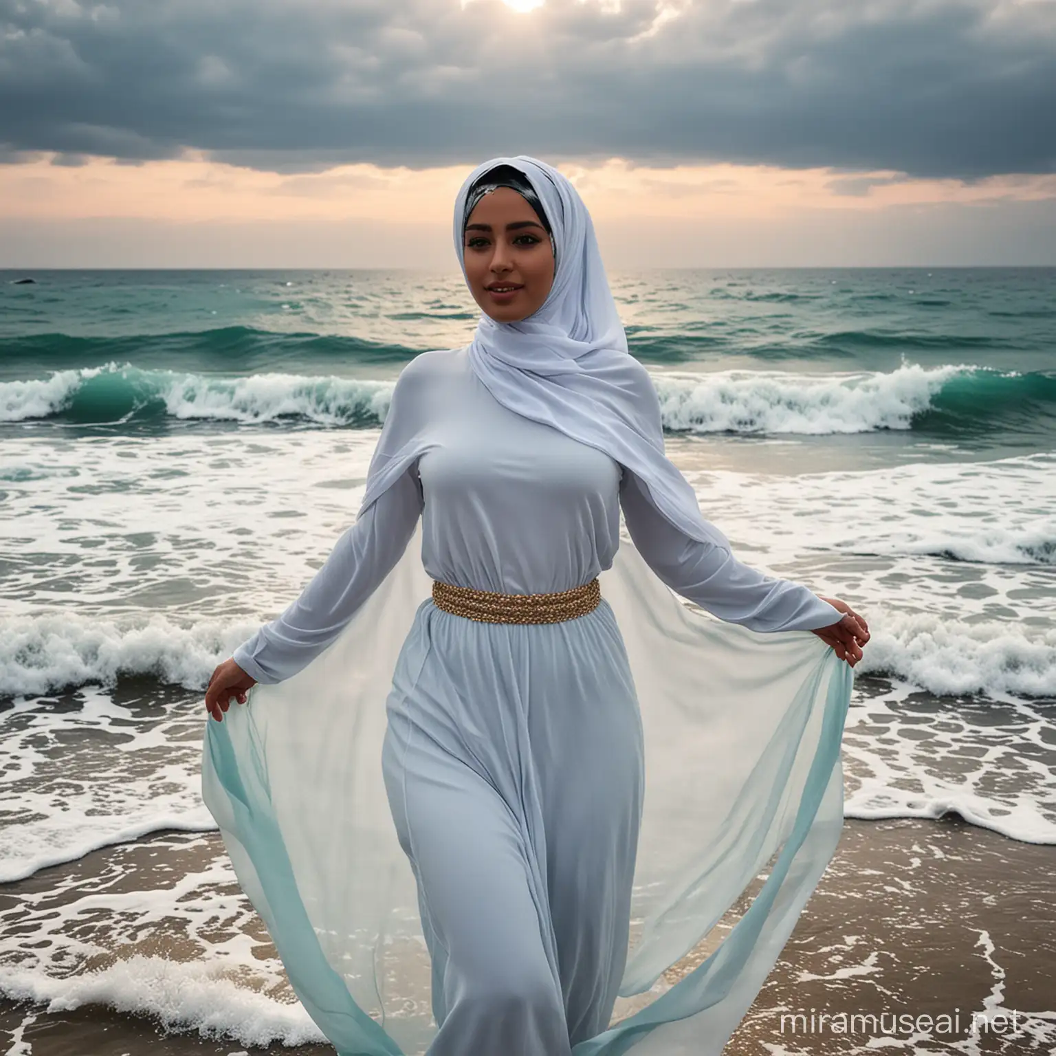 Muslim Woman in Hijab Enjoying Serenity by the Sea
