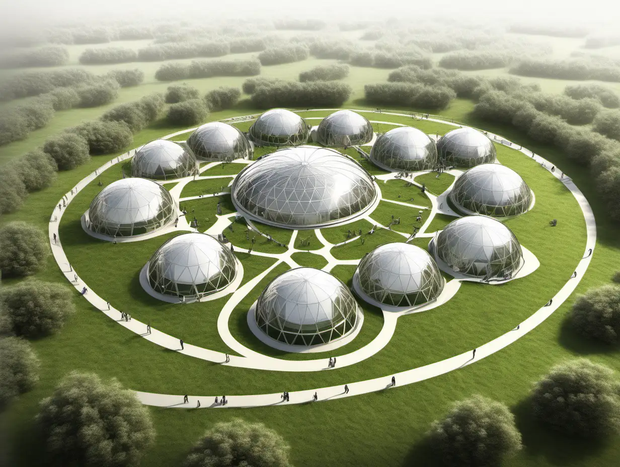 Architectural Harmony Central Domed Structure and Connecting Domes in a Serene Green Landscape