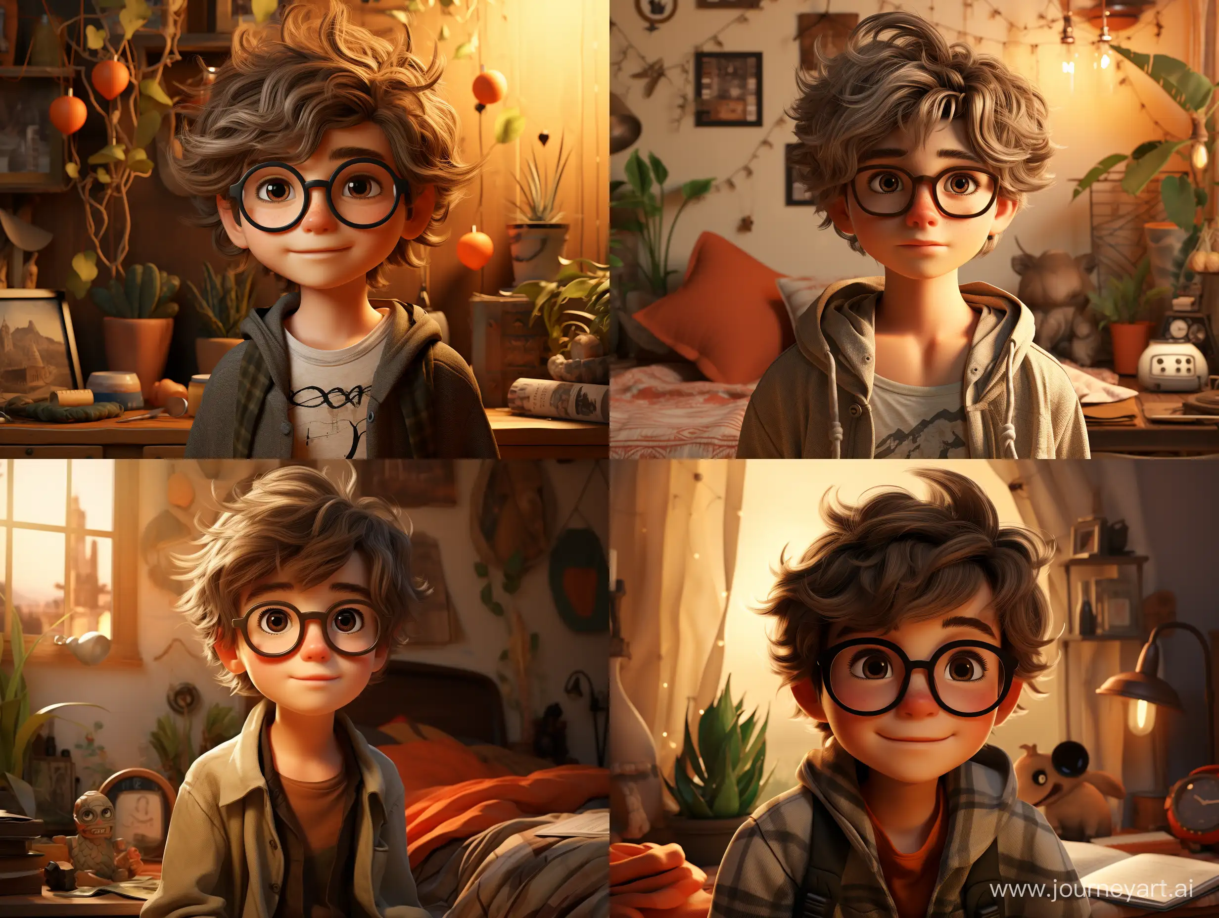 realistic portrait photo of real life Pixar character boy wearing glasses in a boho style bedroom interior with brown wooden colors and warm accents Z --ar 4:3 --s 600