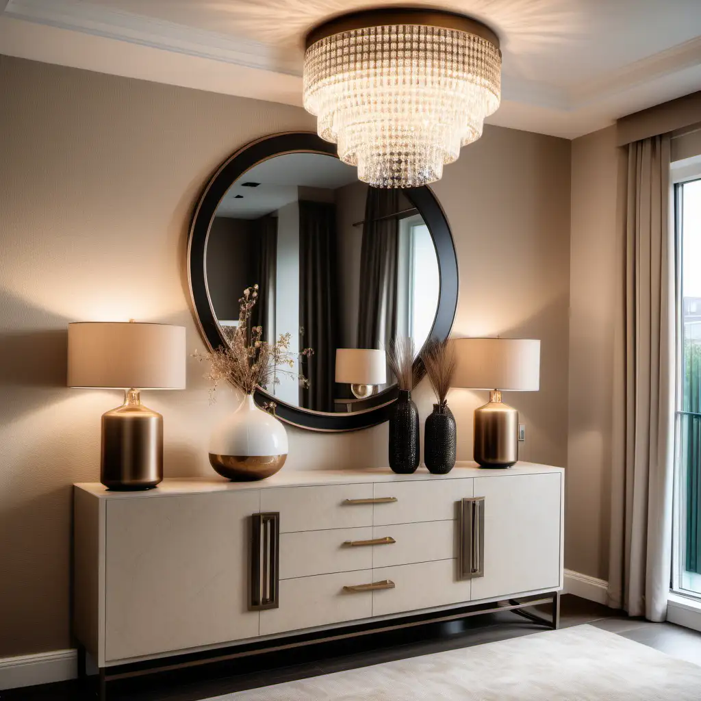 Editorial style photo of an entry way with neutral furniture, sideboard with mirror above, wall lights bronze accents with beige textured wallpaper in a modern luxury new build apartment crystal chandelier, high resolution 8k shot with canon