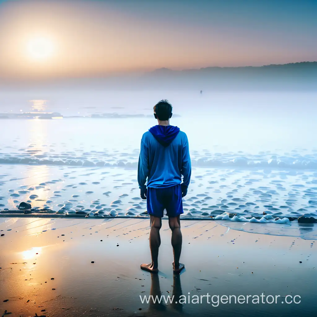Одинокий парень стоит в Затуманеном пляже в синей одежде и шортах на рассвете