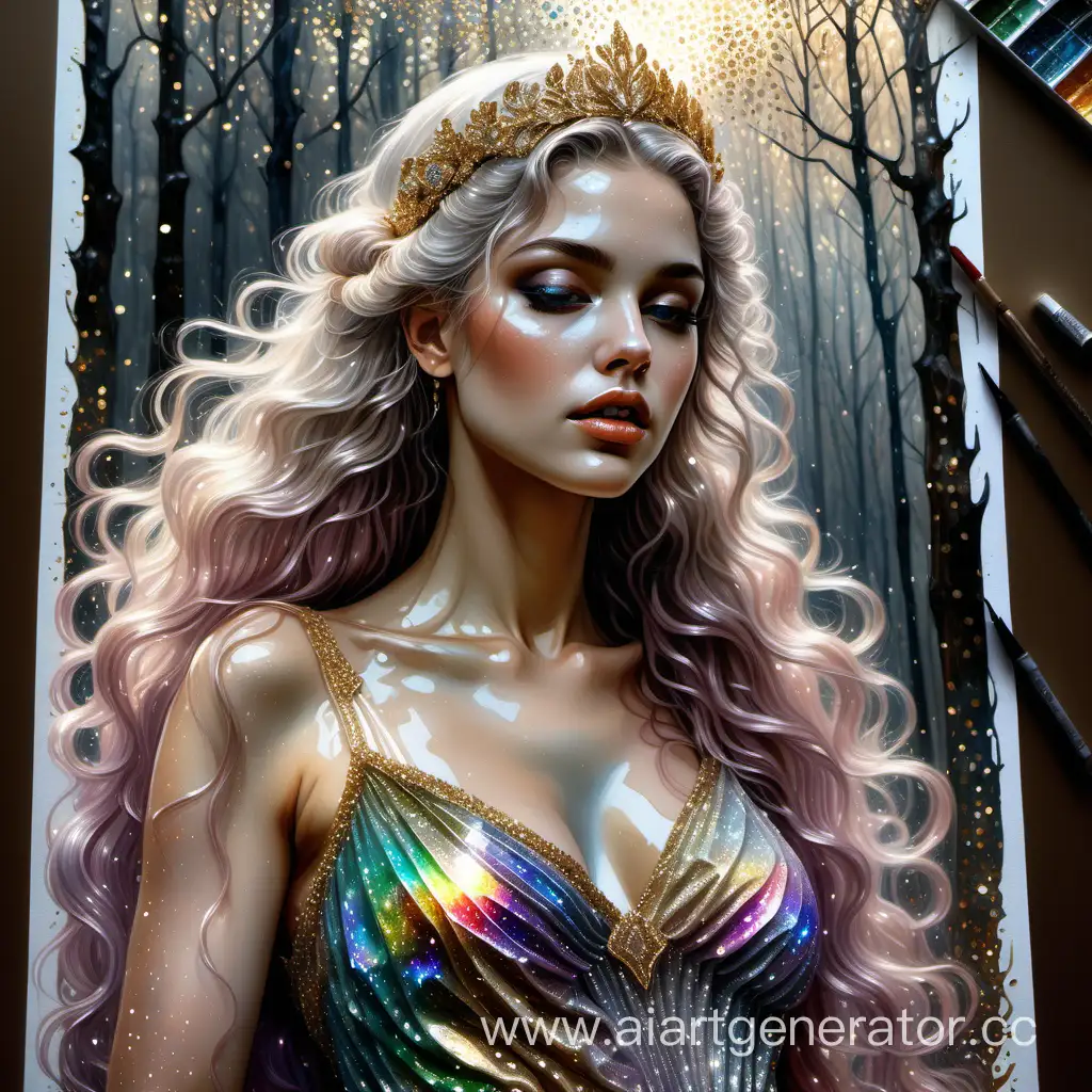 artist by Sara Shakeel Glitter drawing the iridescent crystals sparkling swarovski pattern art women wavy beautiful hair glitter art Sara Shakeel, iridescent glitter swarovski dress, Portrait of a Lady women ultra highly detailed, very shine cristal glitter hyper realism, romanticism, neo classicism, cristal hair, diadem of goals, forest, flowers in the forest, trees, crystal glitter colorful hair, gold royal dress, crystal glitter beautiful and magical soft silver glitter style by Steve hanks, Jean Baptiste Monge, fantasy intricate rose tones very attractive beautiful ultra detailed Steve Hanks Iridescent Jeremy Mann Jean Baptiste Monge shabby chic watercolor, wet on wet, splash fast strokes, style of by Ivan Shishkin