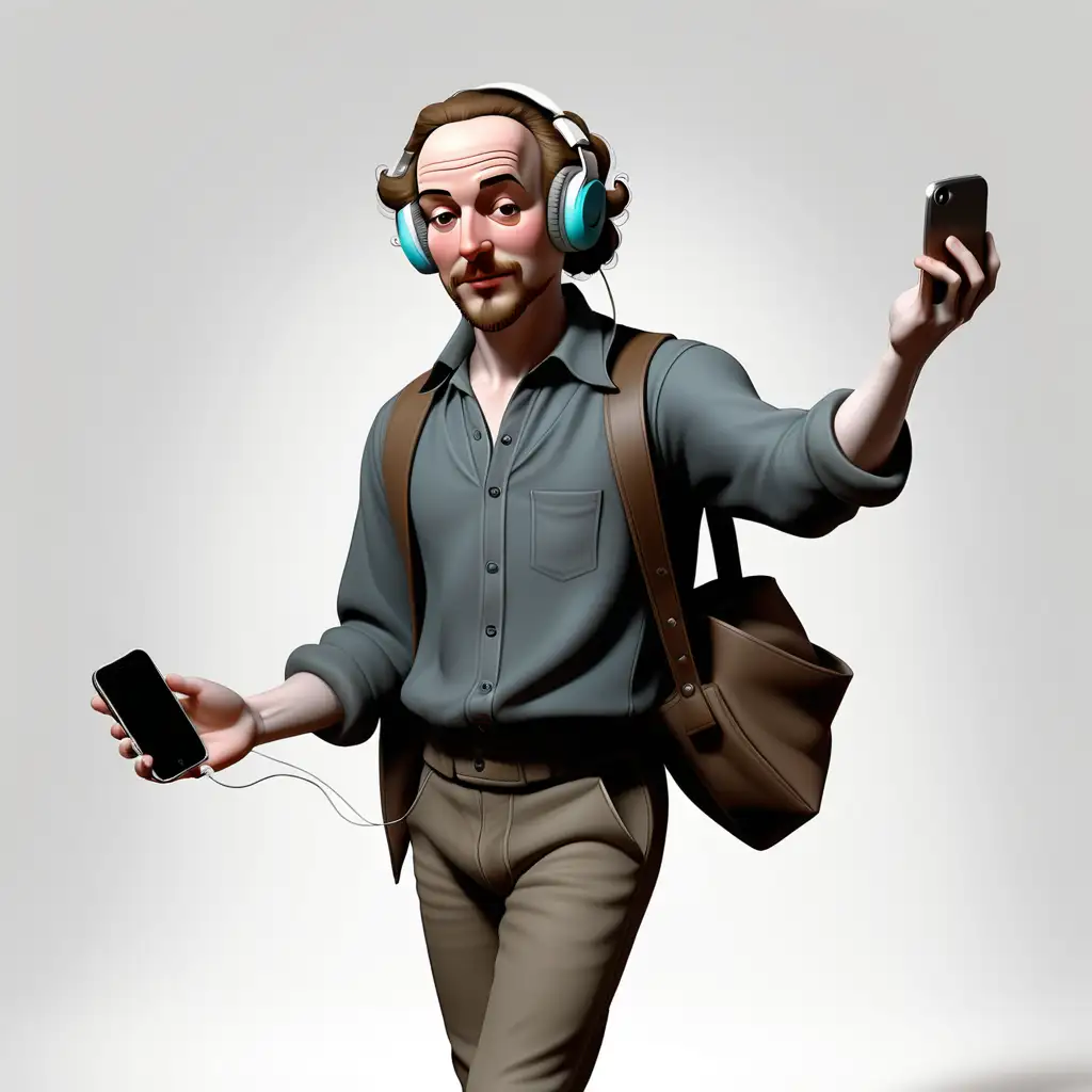 A color photo of a 26-year-old William Shakespeare carrying a iphone and headphones over head walking. Transparent background.
