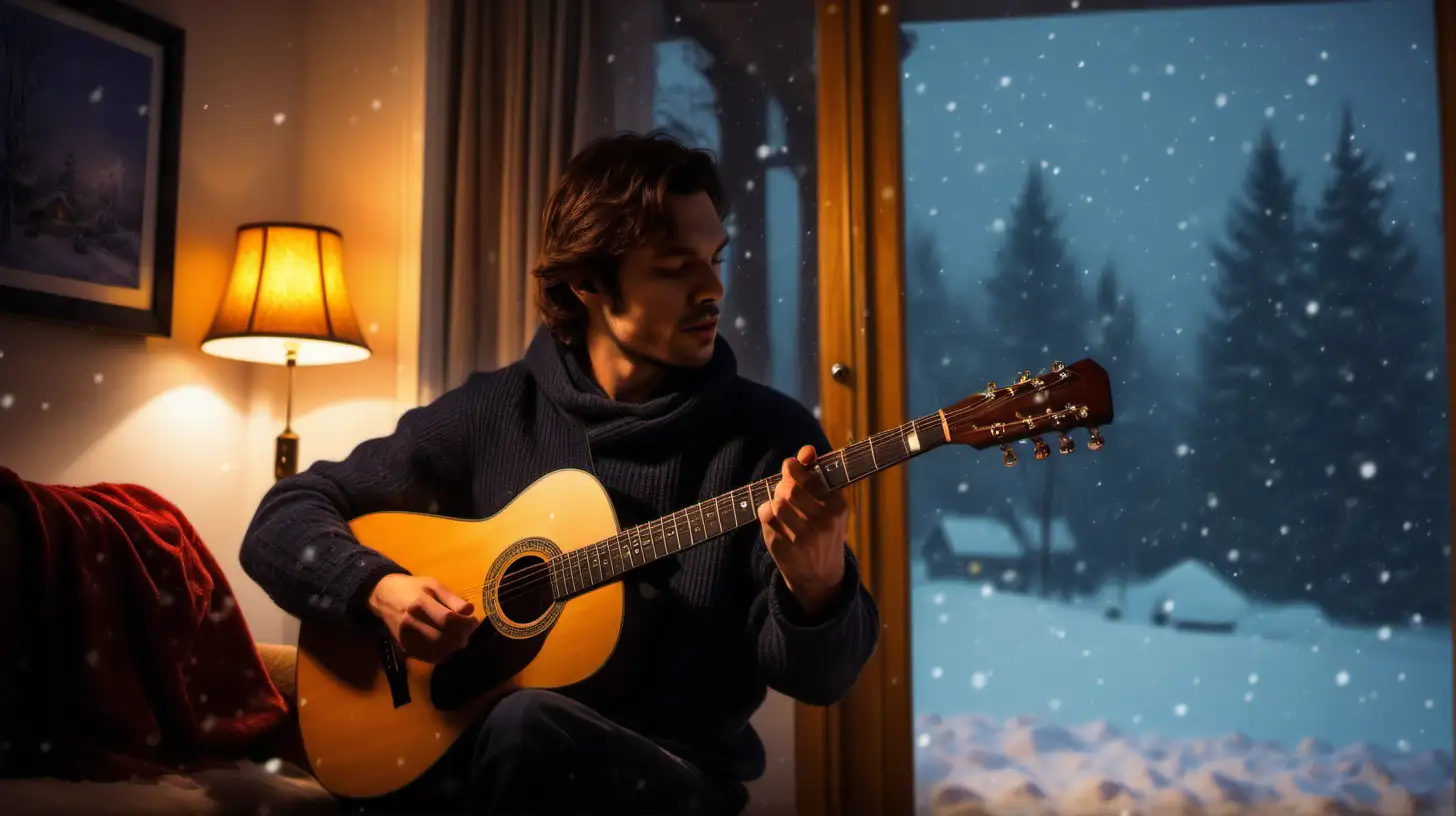Solo Guitar Serenade in Snowy Night Cozy House