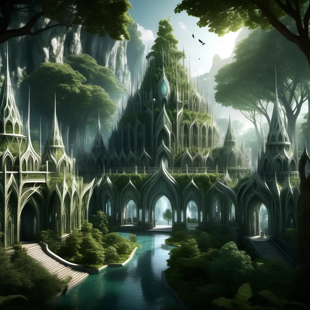 Ciudad elfica, en medio, denso, bosque, palacio de plata