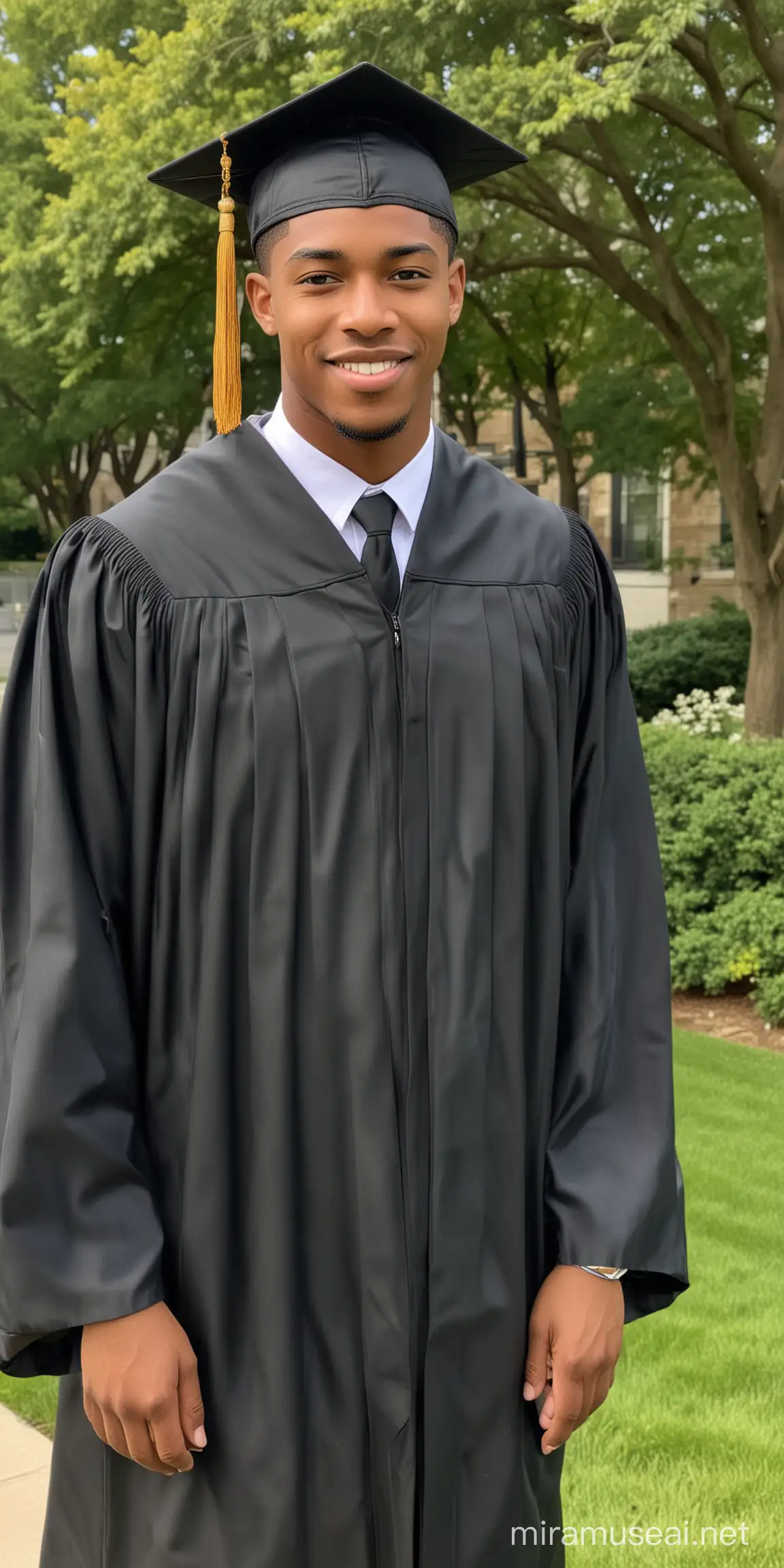 african American male with caramel skin and a faded haircut wearing a graduation cap with a 2024 tassel and gown graduating with honors standing outside