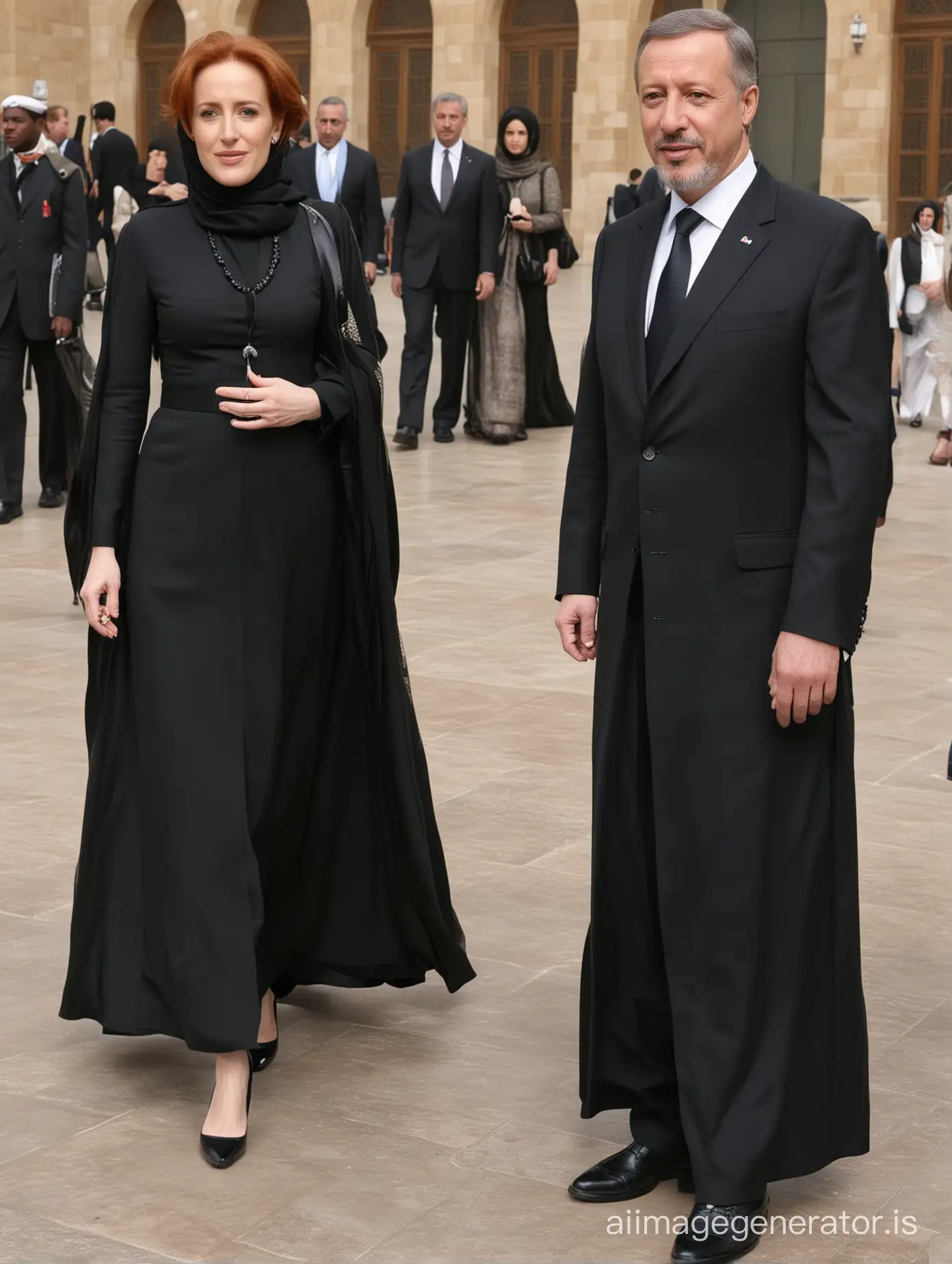 red haired Gillian Anderson with President Erdogan, he asked Gillian to dress accordingly to his Muslim faith and wear a floor-length black oversized jilbab with long black hijab and stand demurely beside him as  a submissive muslim wife