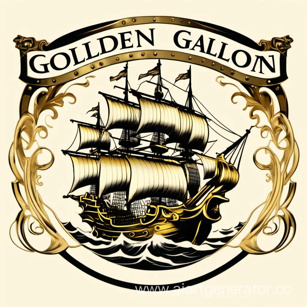 A logo with galleon, including the text GOLDEN GALLEON, color is white and gold 