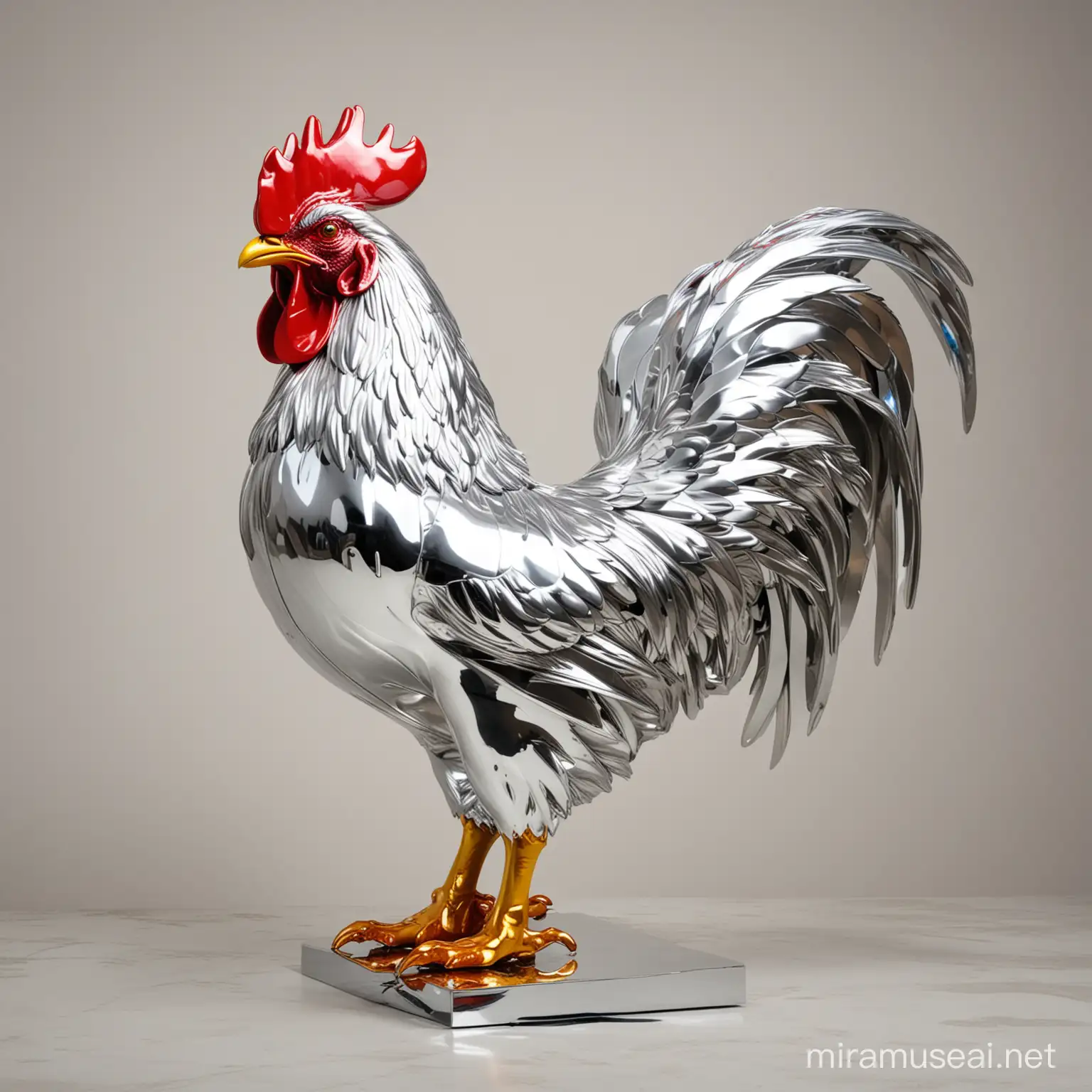 Metallic Rooster Sculpture in the Style of Jeff Koons with Dynamic Light Reflections