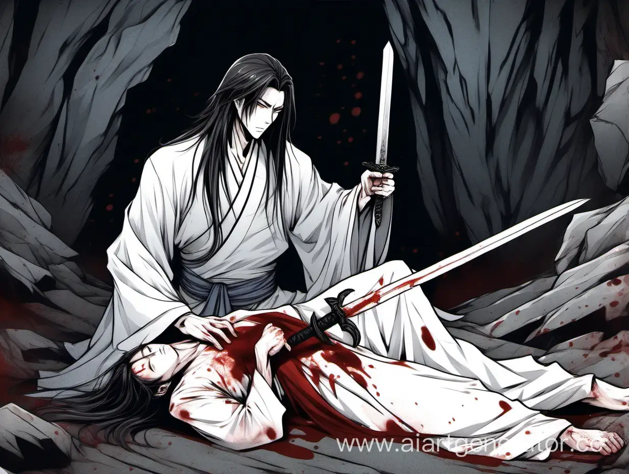 Grieving-Warrior-with-BloodStained-Hanfu-and-Fallen-Comrade