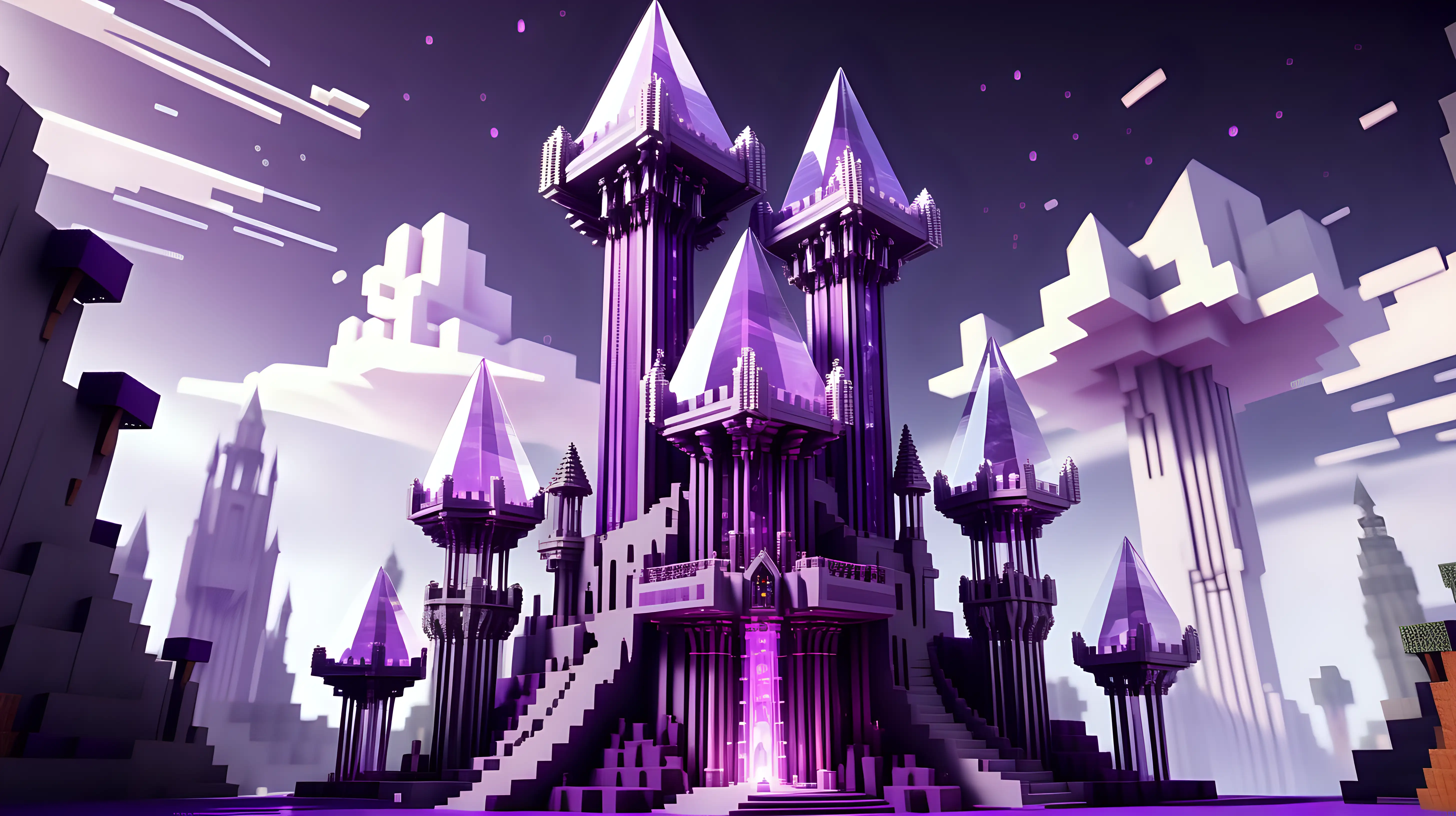 A minecraft style epic wizard tower, it has a beautiful grand design with a central tower made of crystal with a purple spire roof, it has 3 smaller towers hovering in the air around it. It is radiating energy from crystals around it