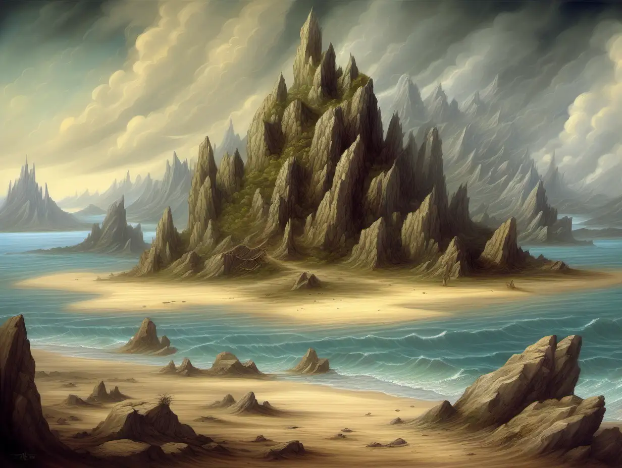 sandy deserted island, rocks, mountain, Medieval fantasy painting