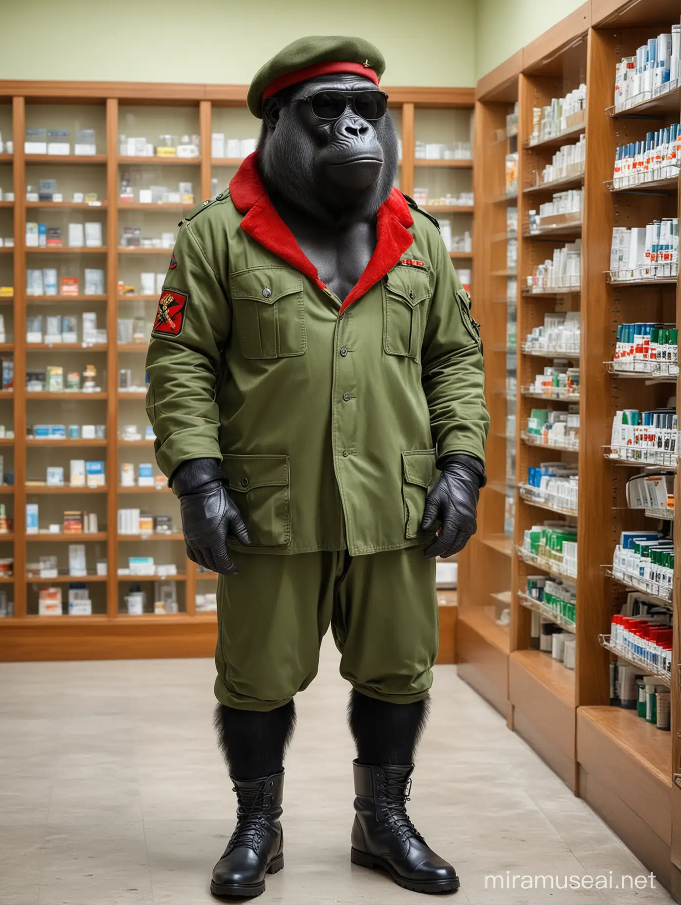 Gorila vestido de general militar de ropa verde. Lleva una boina roja en la cabeza y gafas oscuras de marco negro Esta parado en una farmacia..con botas de cuero negro